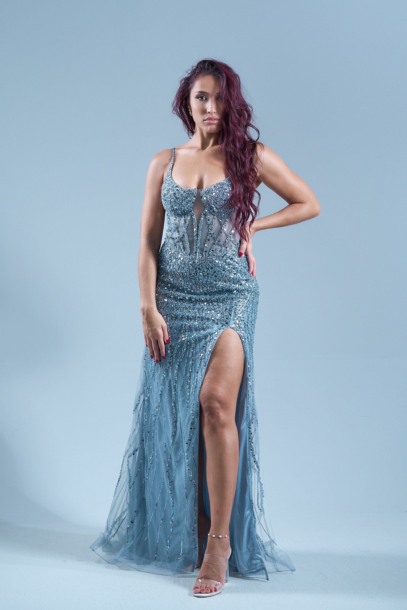 CELESTE - Longue robe paillettée bleue