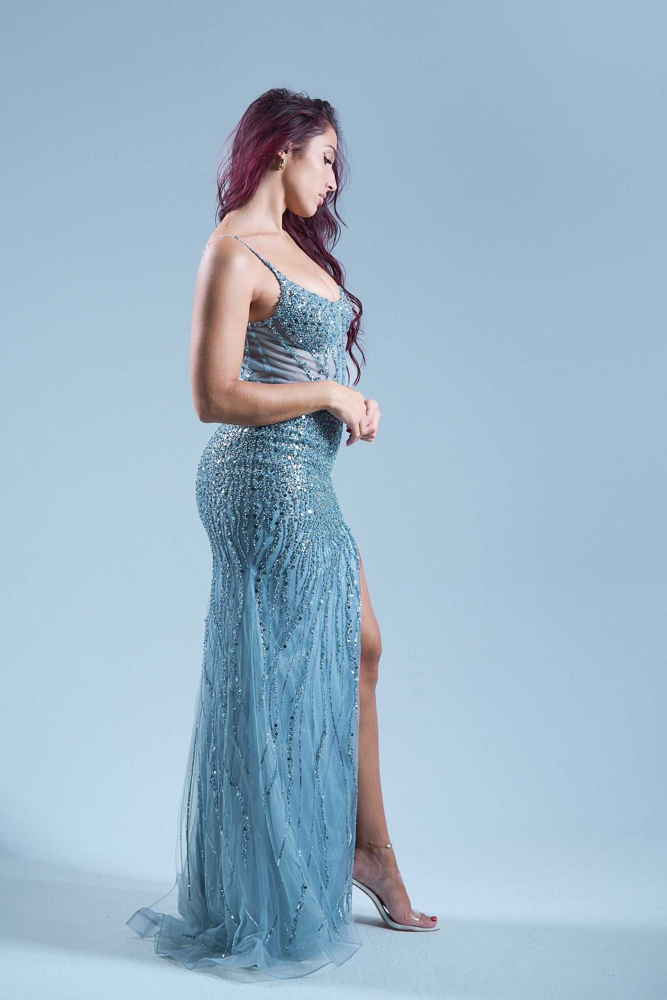 CELESTE - Longue robe paillettée bleue