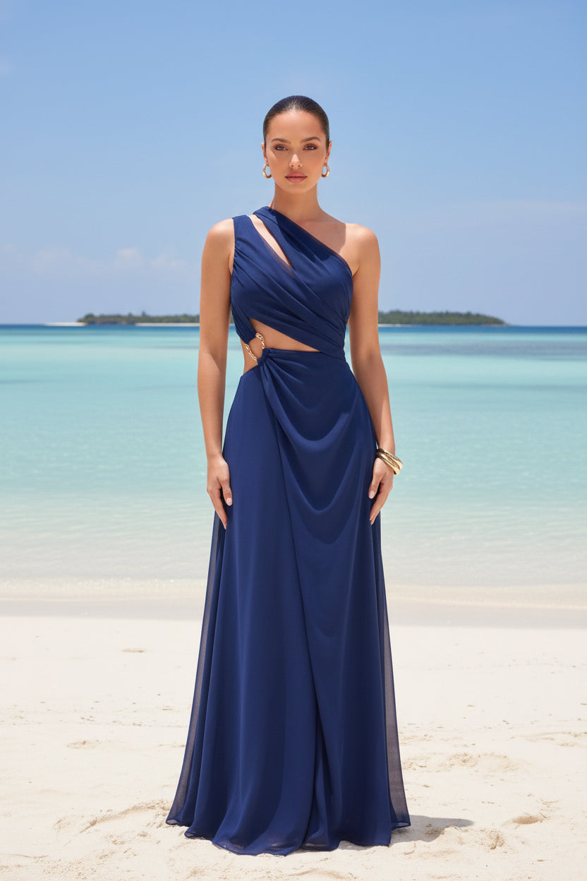 Nuit étoilée - Robe longue ajourée bleu marine