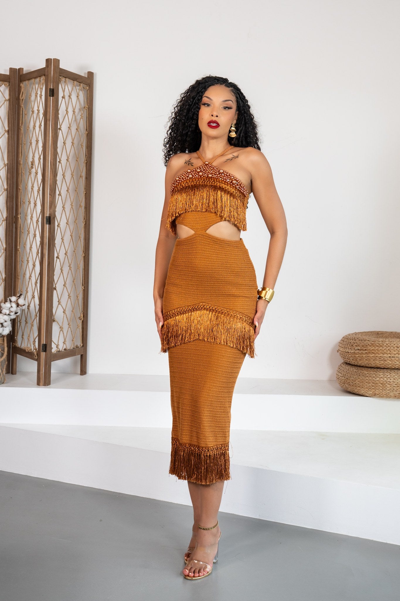 Caramelo - Robe midi à franges caramel - photo 1