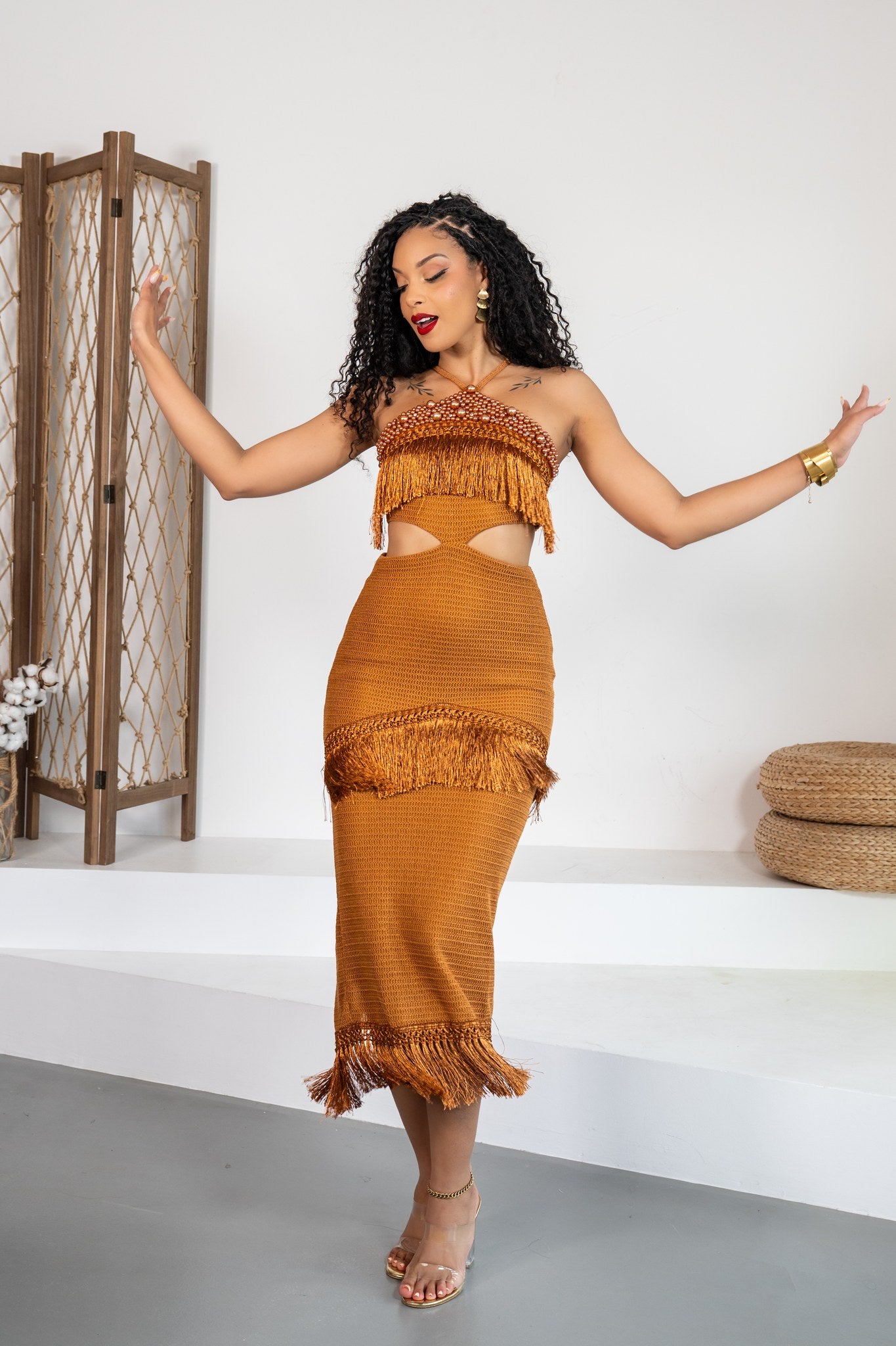 Caramelo - Robe midi à franges caramel - photo 4