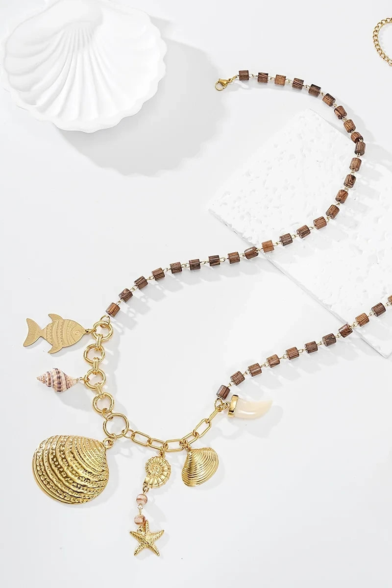 Golden Heritage - Long sautoir en bois et acier inoxydable