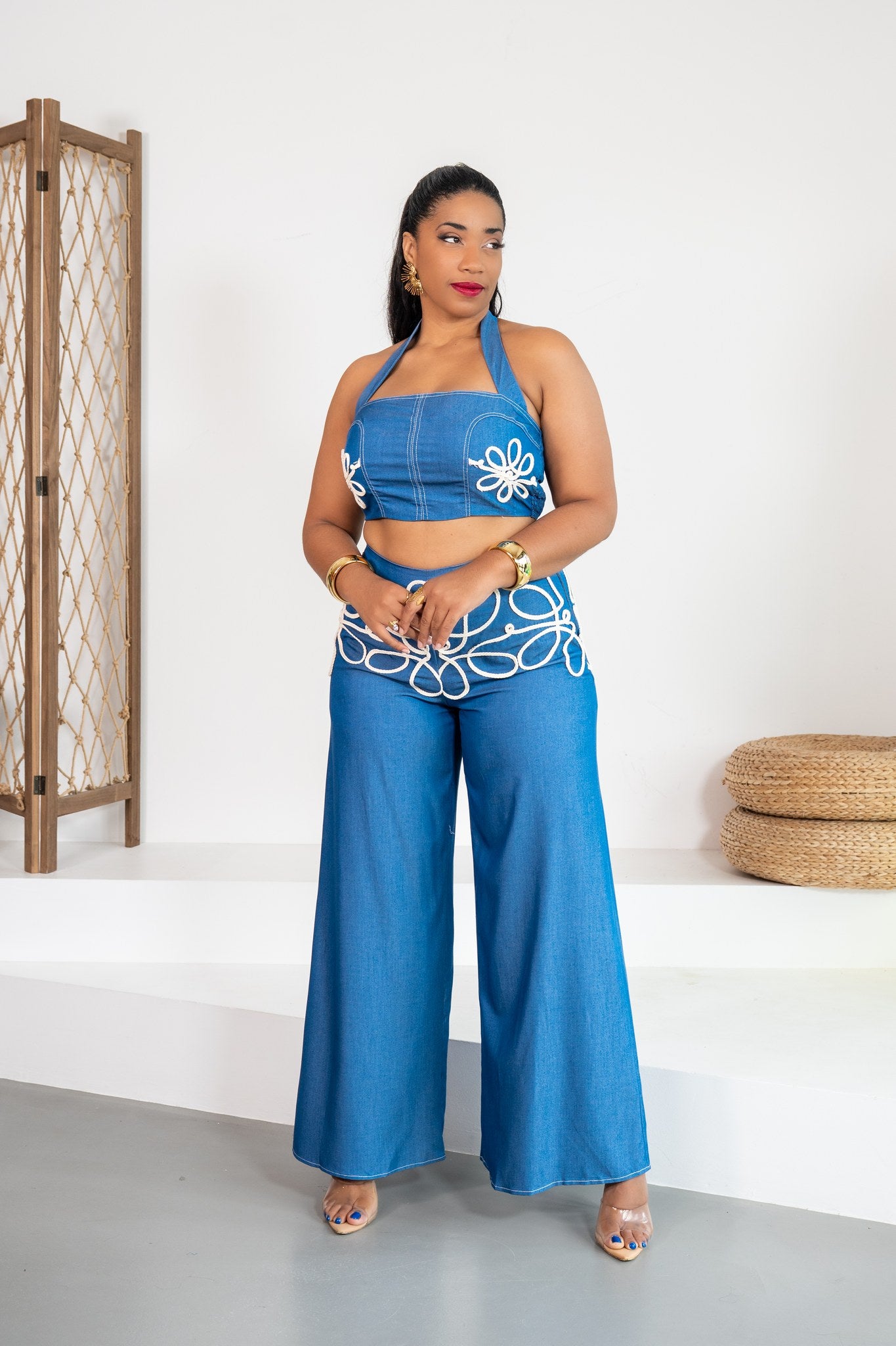 Margarita - Ensemble pantalon brodé bleu