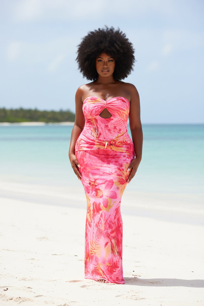 Wild Hibiscus - Robe longue bustier rose
