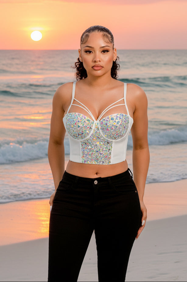 Diamante - Crop top blanc corbeille orné de strass