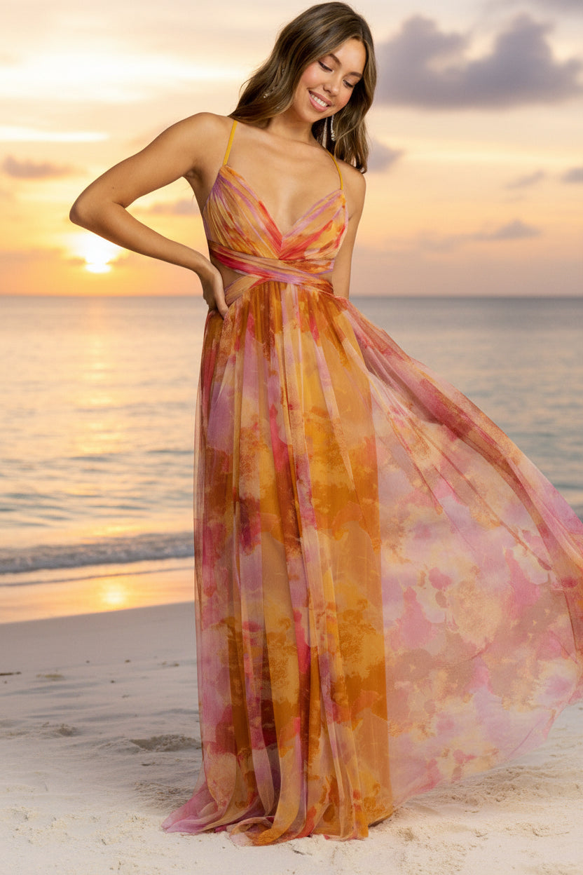 Island Breeze - Robe longue en tulle moutarde