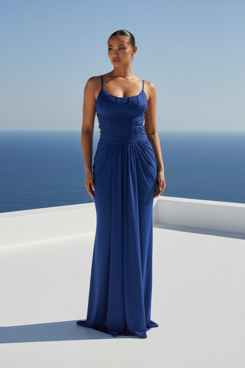 Medianoche - Robe longue corset drapée bleu indigo