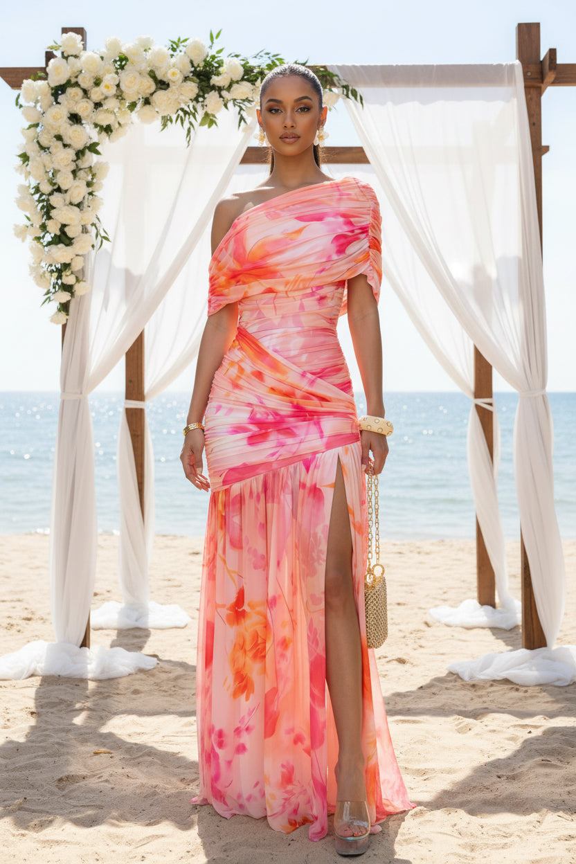 Hibiscus Dream - Robe drapée fleurie rose