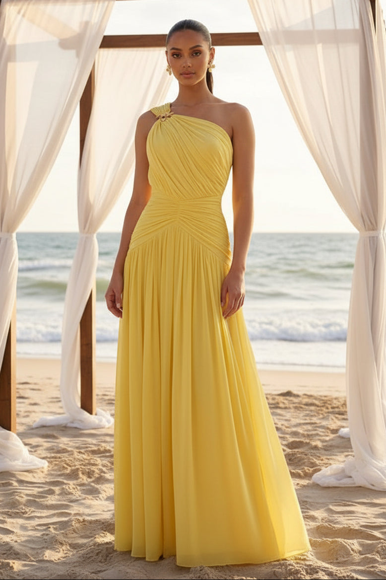Dolce Riviera - Robe de cérémonie drapée jaune