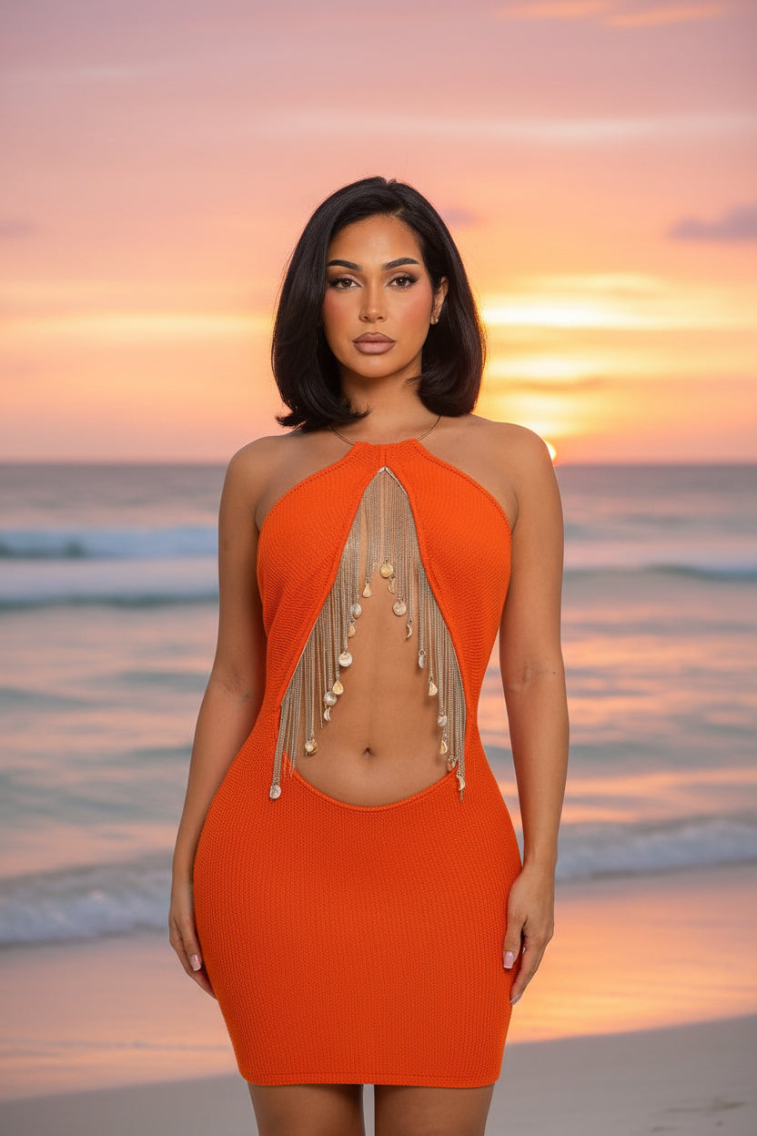 Mango Splash - Mini robe orange à franges argentées