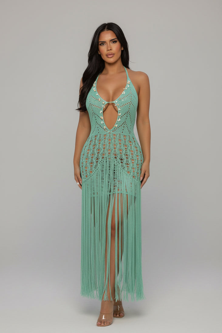 Paradise - Robe en crochet décolleté à franges