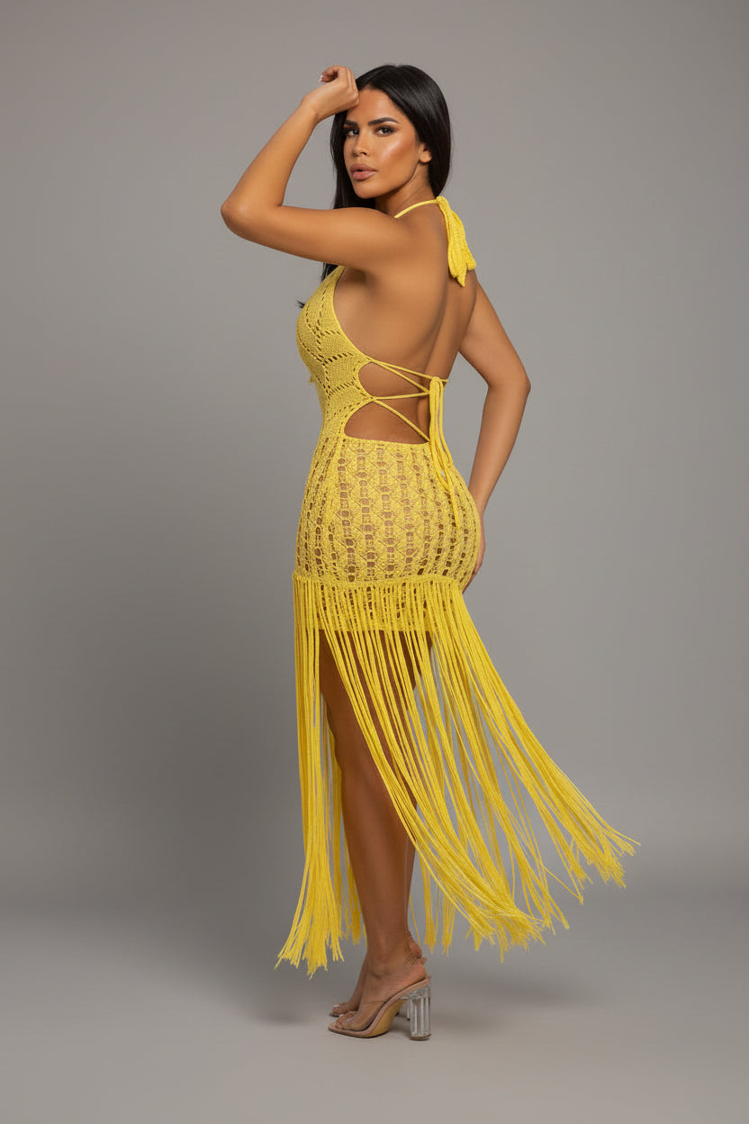 Mango - Robe en crochet décolleté à franges