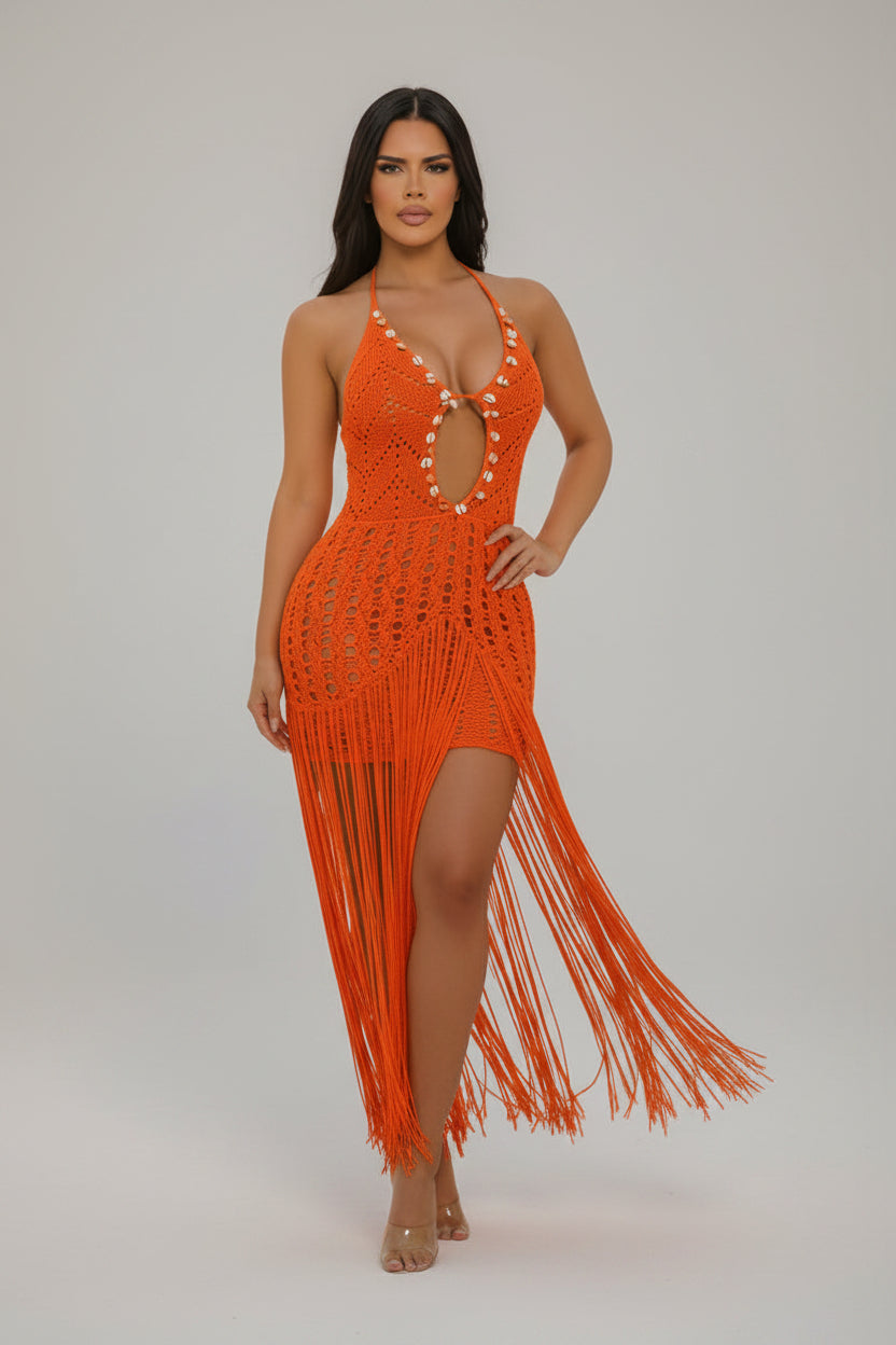 Papaya - Robe en crochet décolleté à franges