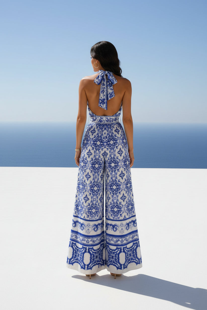 Azulejos - Combinaison pantalon large imprimé porcelaine bleu