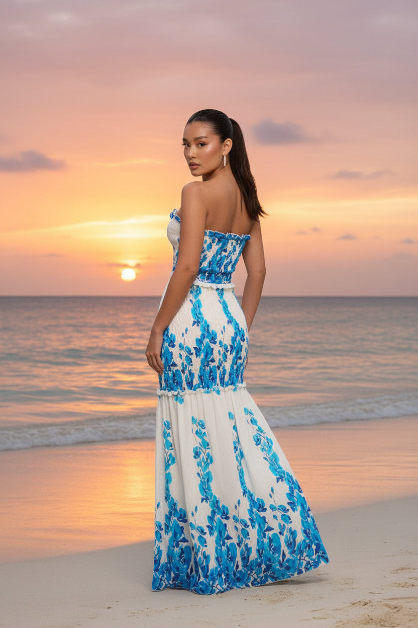 Petals poetry - Robe longue bustier bleu roi