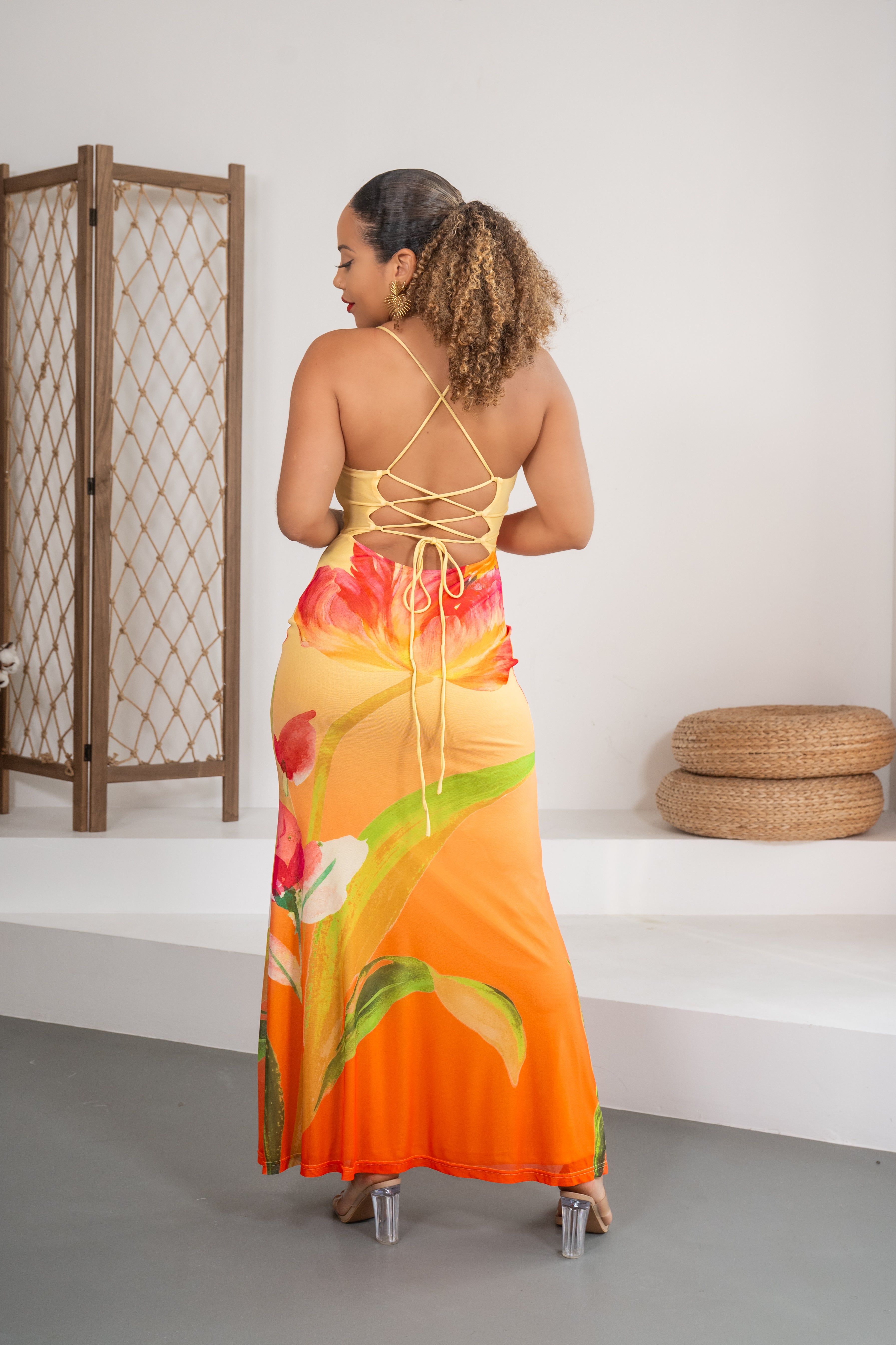 Aventura - Robe longue jaune imprimée et lacée