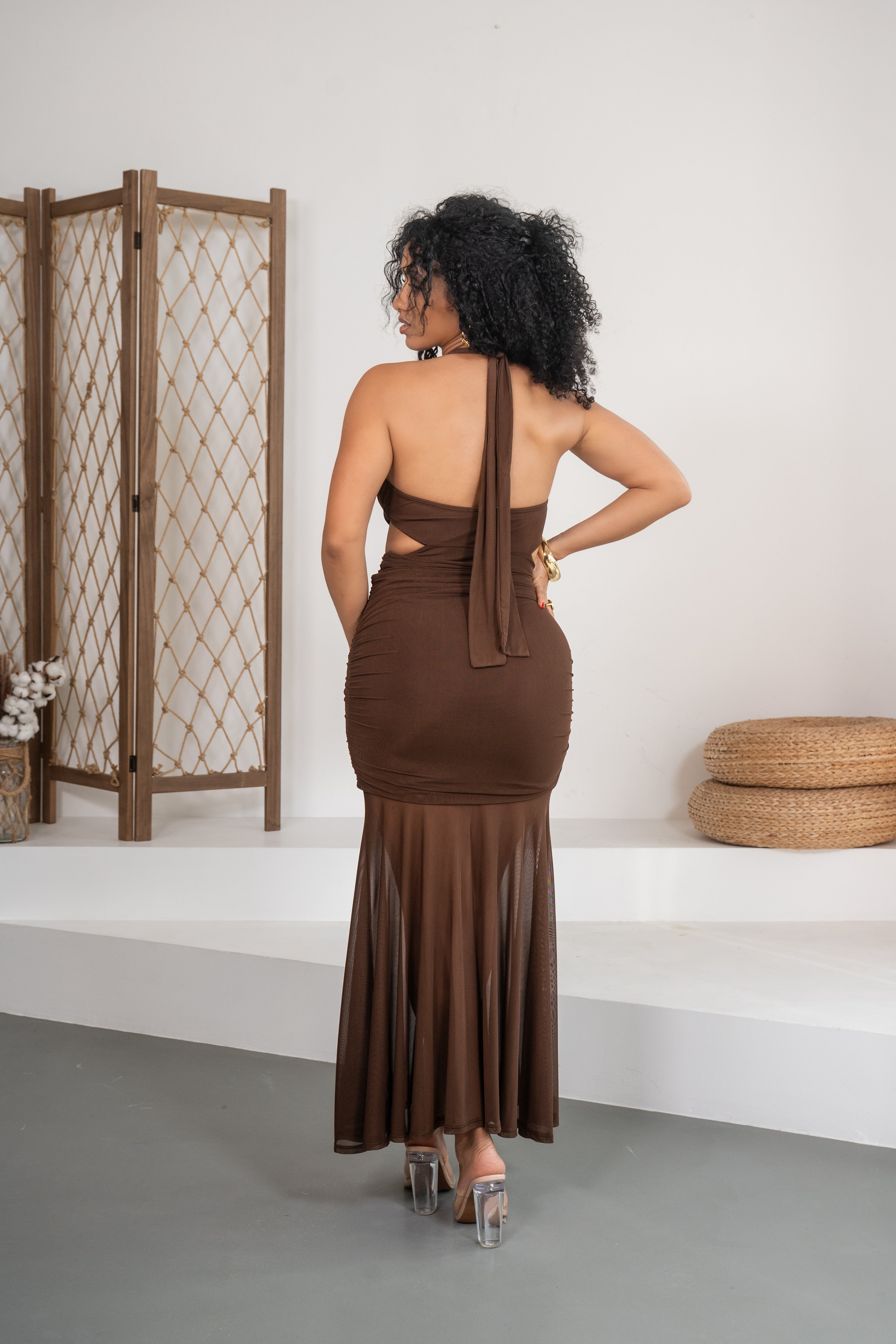 Love at first sight - Robe longue en mesh marron