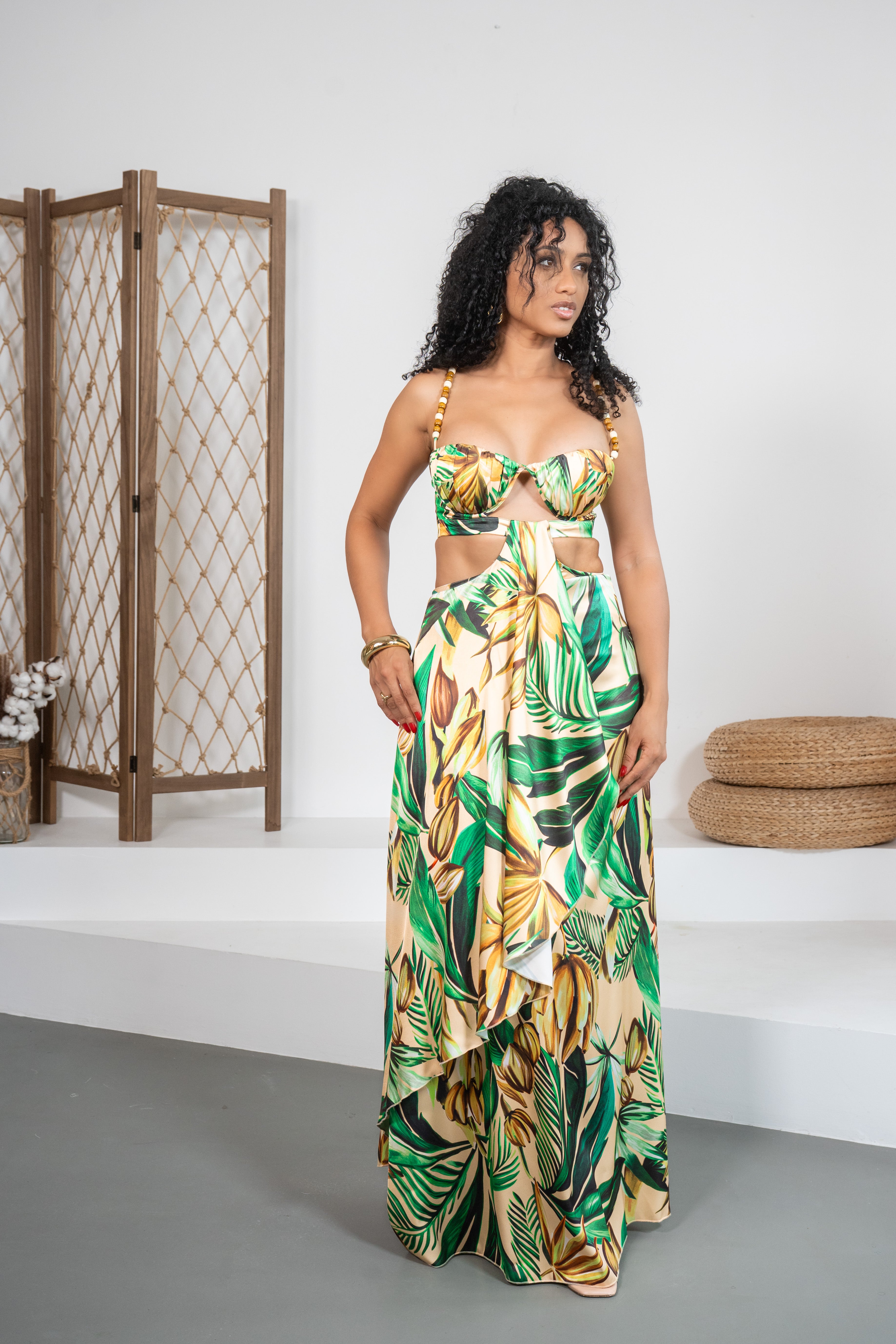 Paraíso - Robe longue imprimée avec bretelles en bois