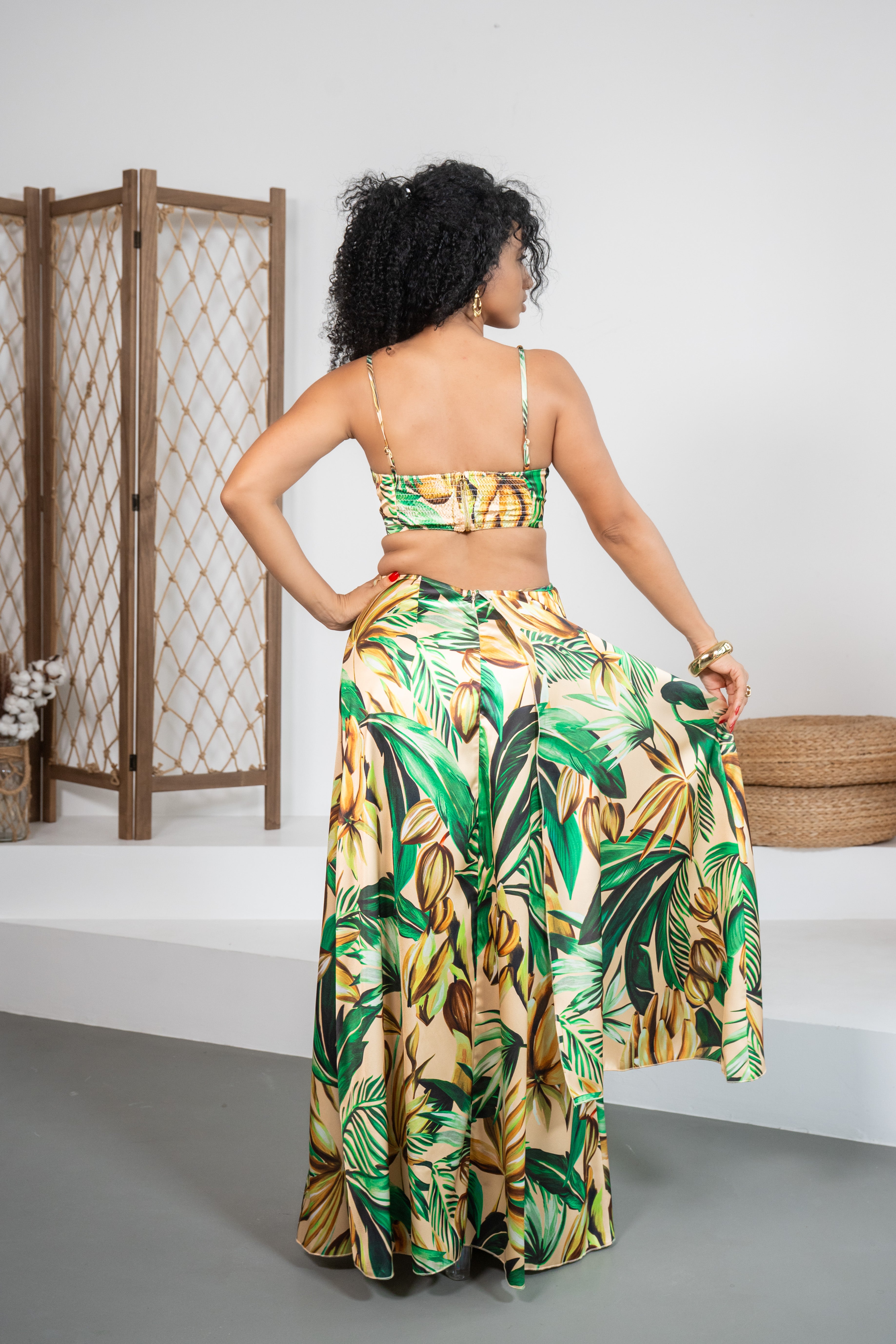 Paraíso - Robe longue imprimée avec bretelles en bois
