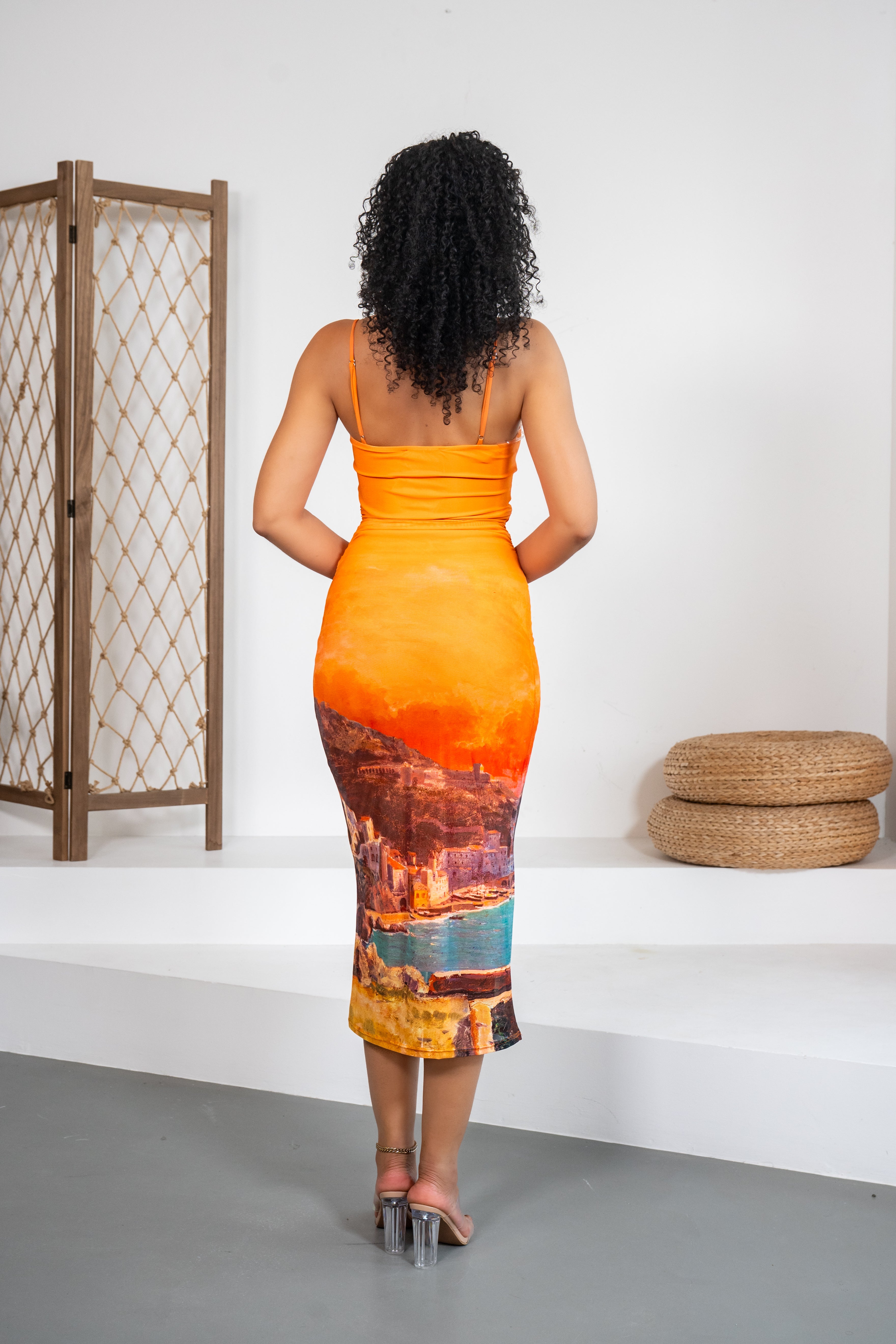 Sole Mio - Robe midi orange avec imprimés