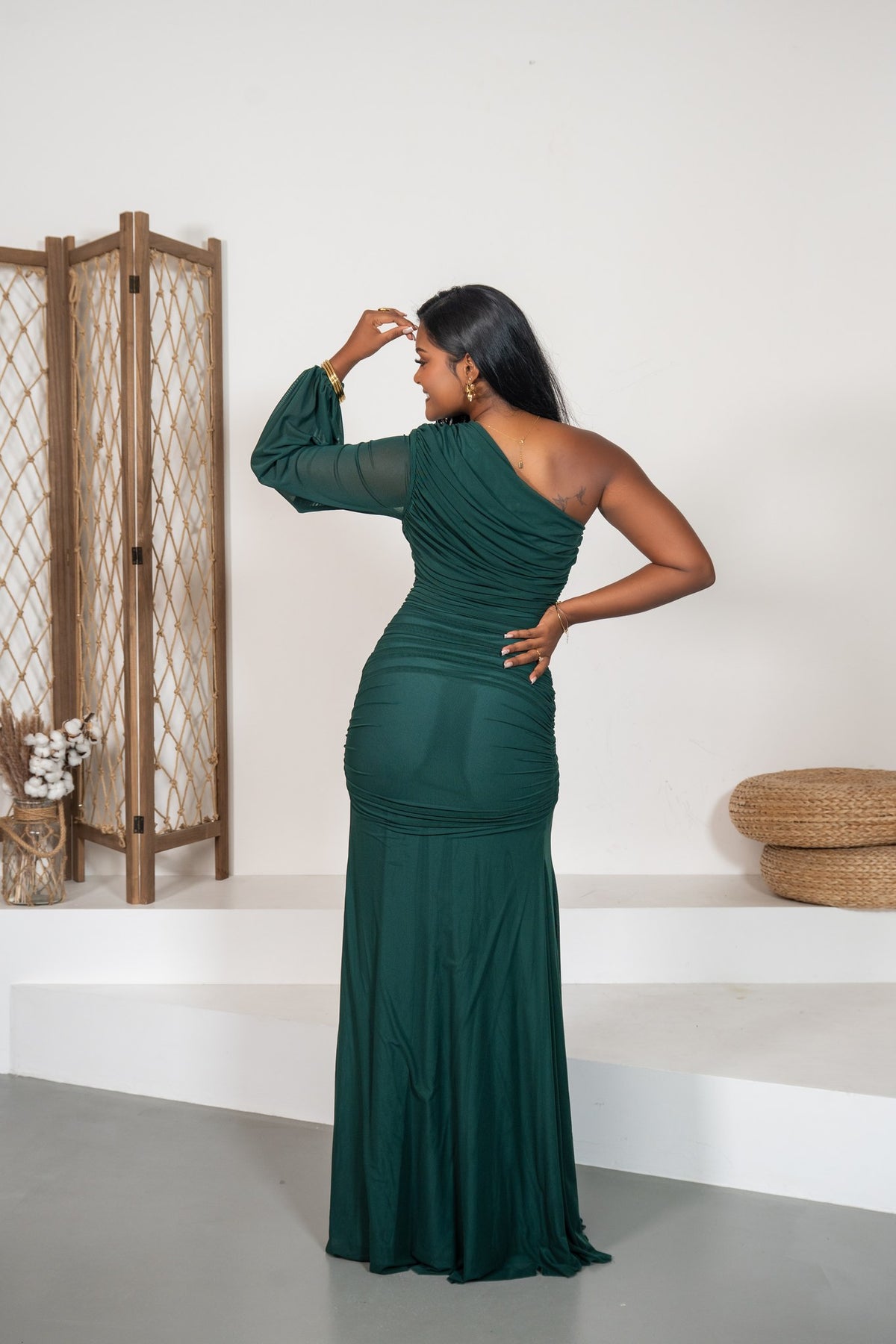 Sonata - Robe longue drapée vert foncé