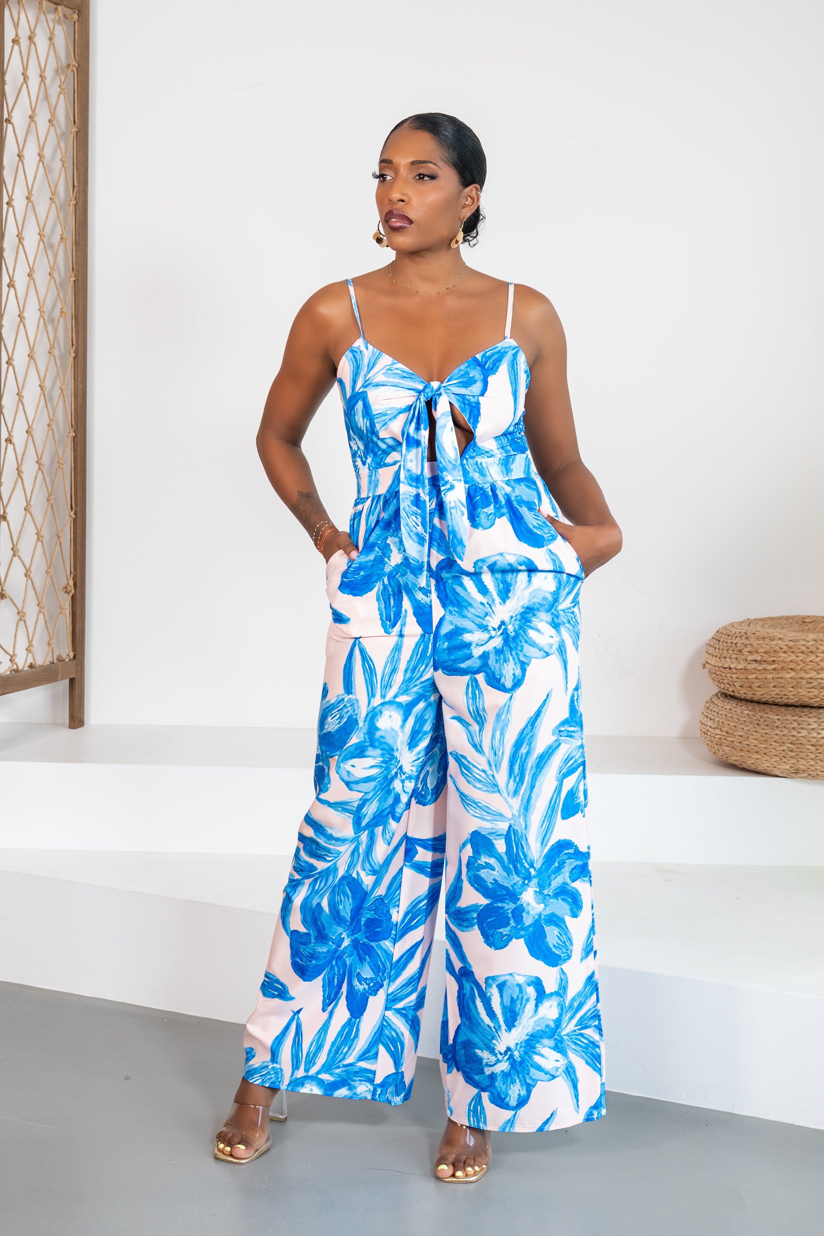 Flor Azul - Combinaison pantalon fleurie bleue à nœud et poches