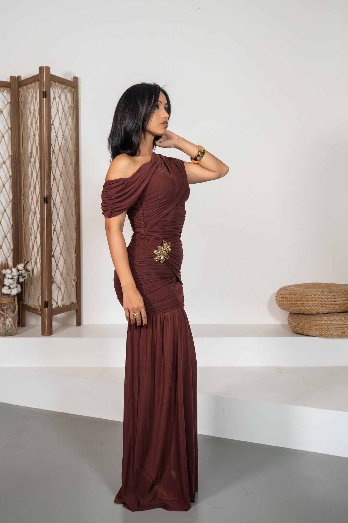 Milonga - Robe longue drapée châtaigne