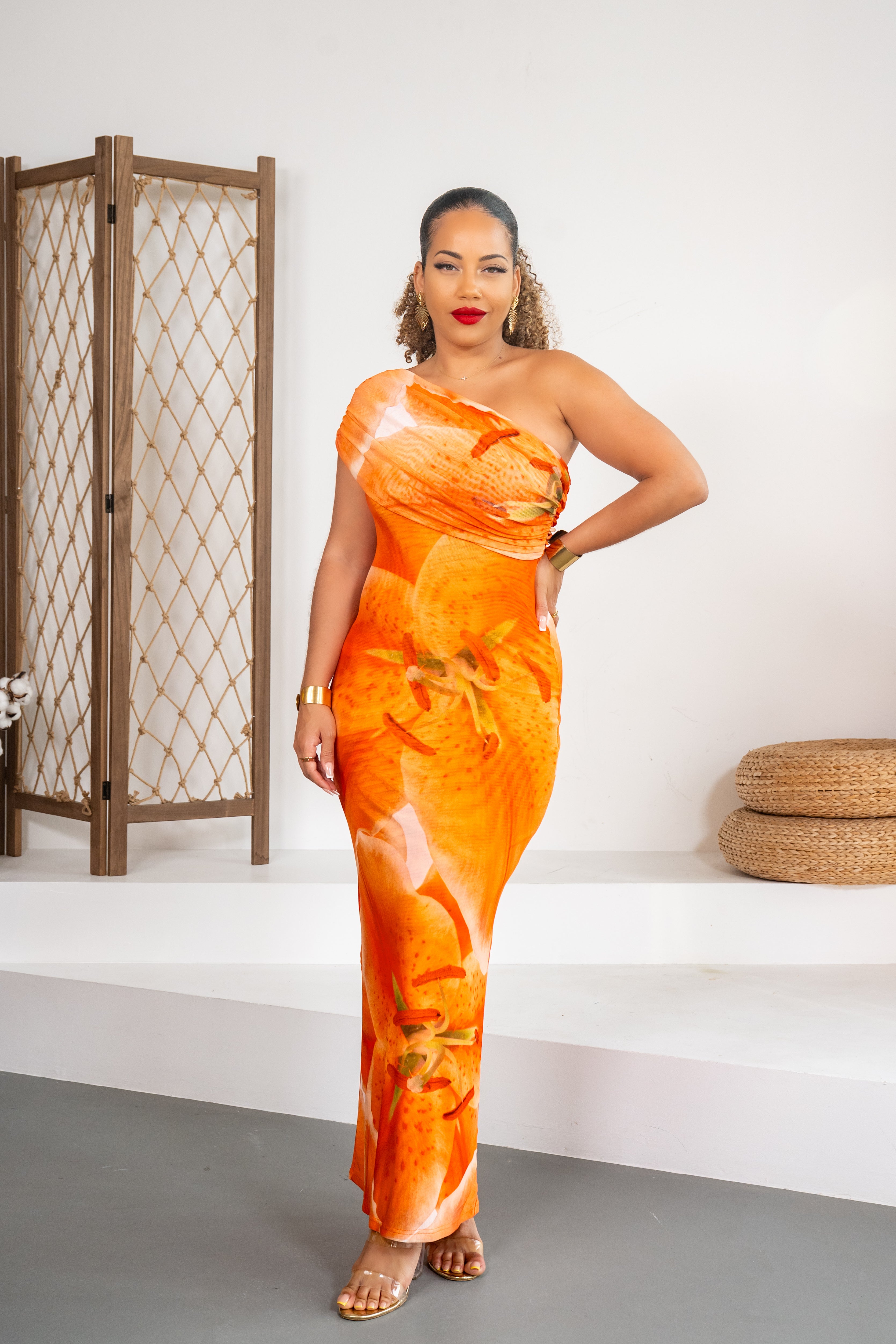 Costa Bella - Robe longue orange à col bardot