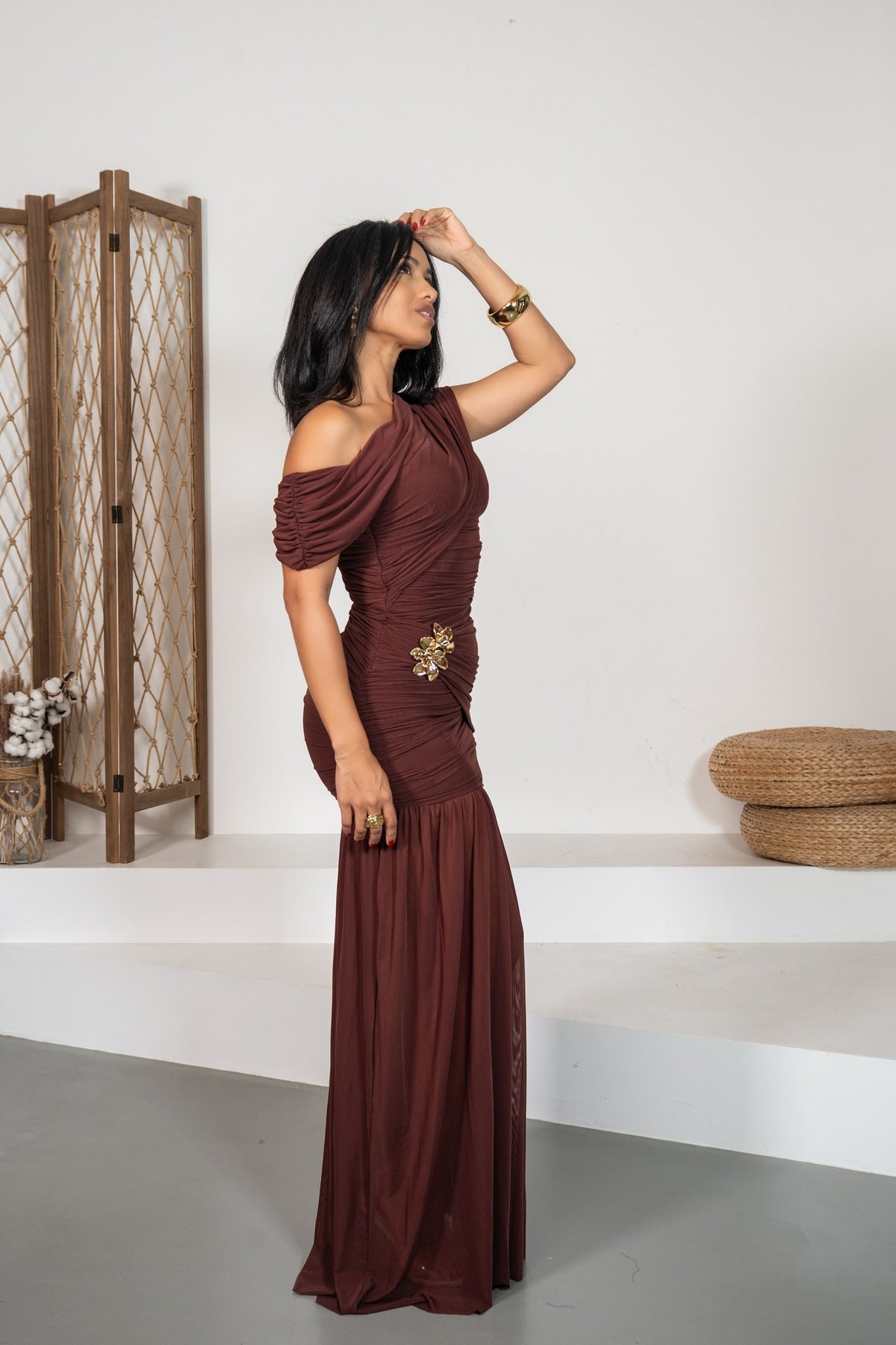 Milonga - Robe longue drapée châtaigne