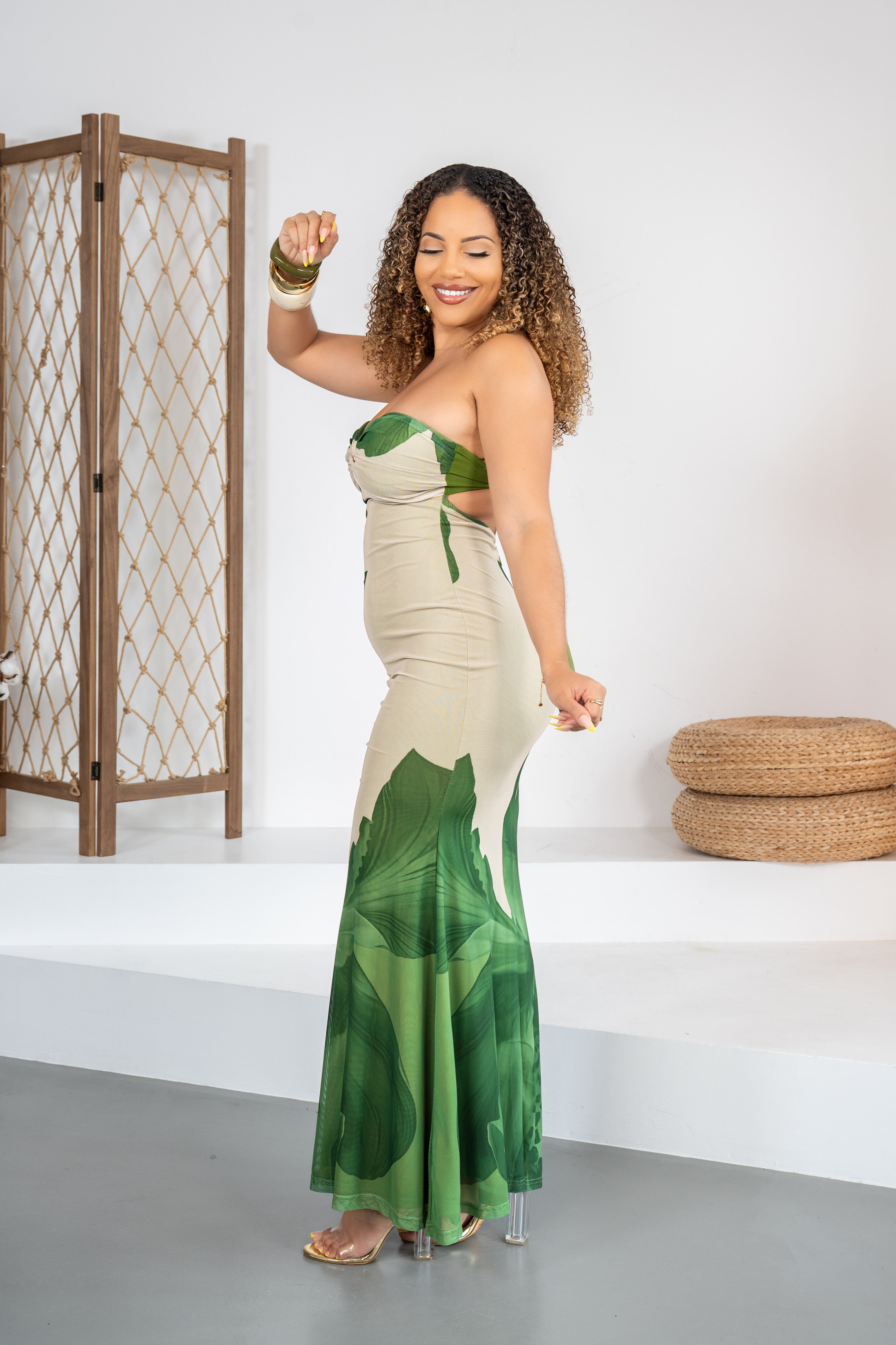 Secret Canopy - Robe bustier coupe sirène taupe & verte