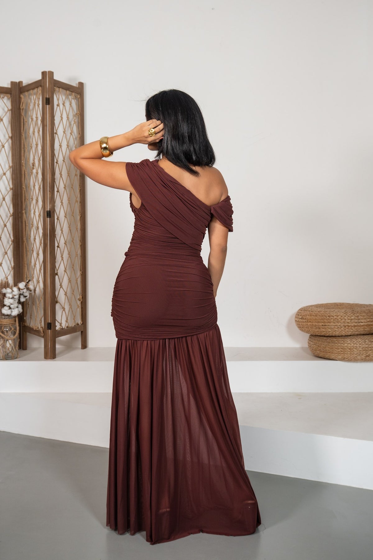 Milonga - Robe longue drapée châtaigne