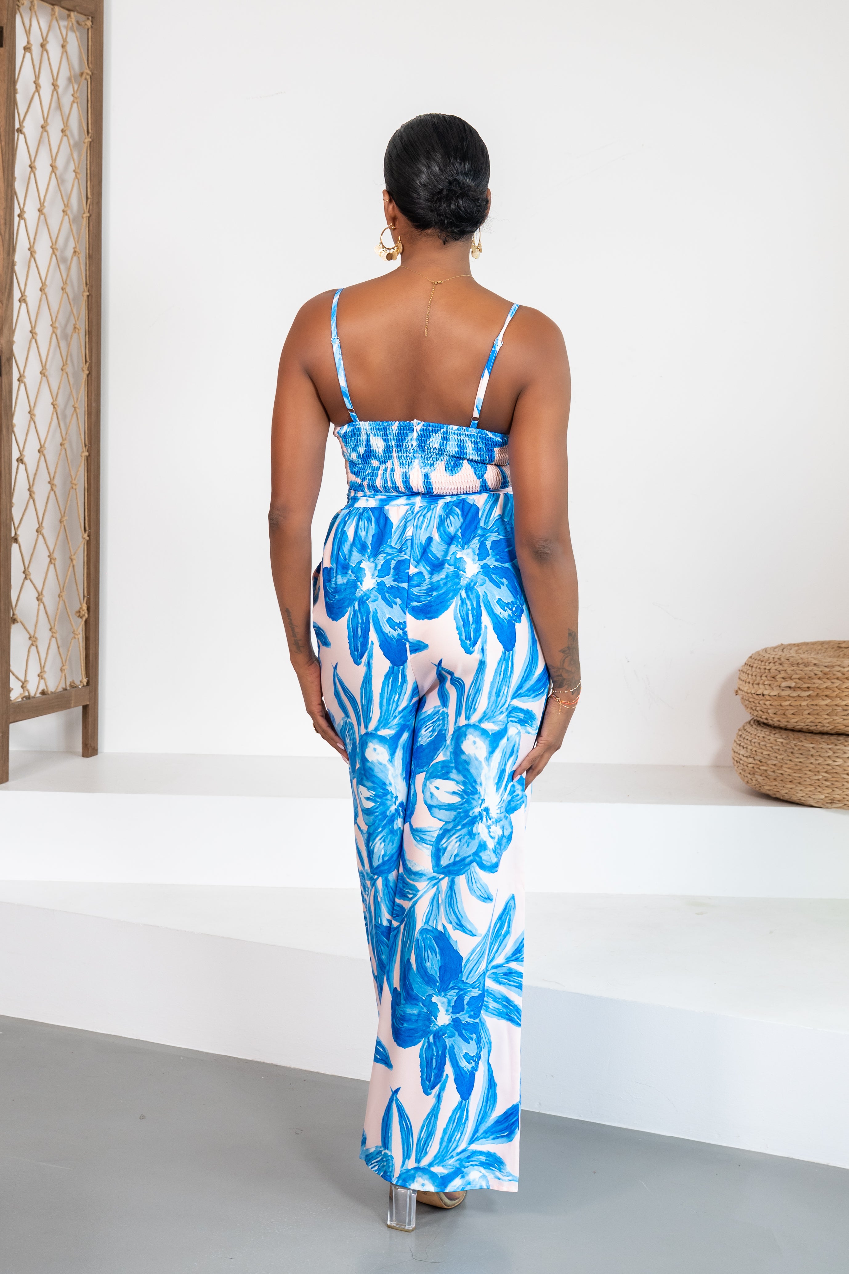 Flor Azul - Combinaison pantalon fleurie bleue à nœud et poches