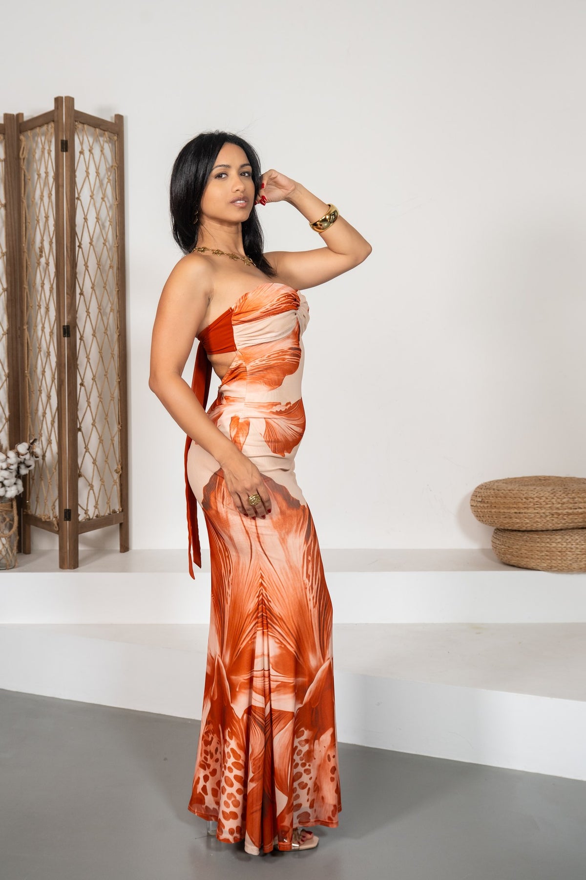 Secret Canopy - Robe bustier coupe sirène terracota & sable