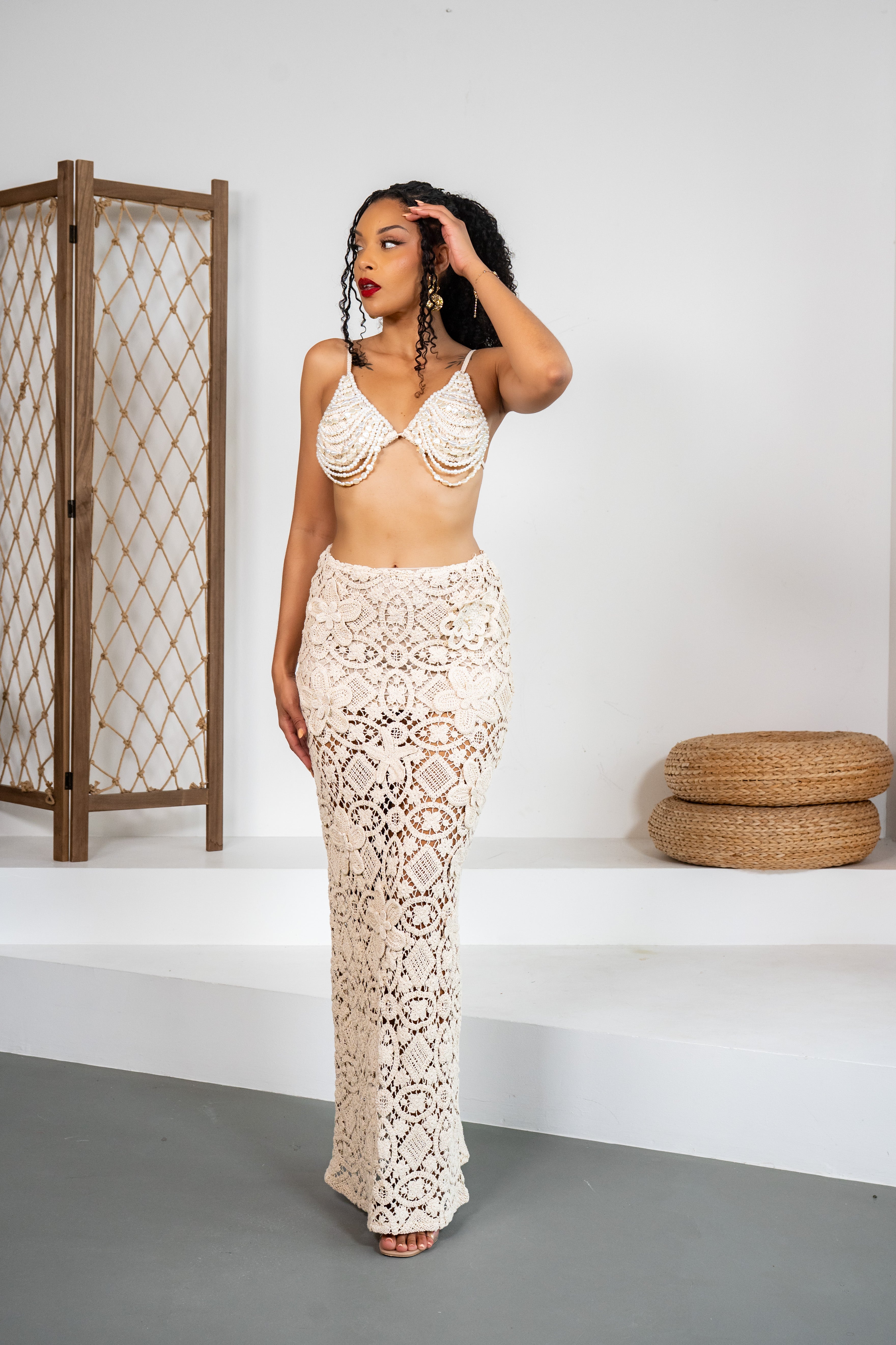 Perla - Ensemble jupe en crochet avec perles sur le top