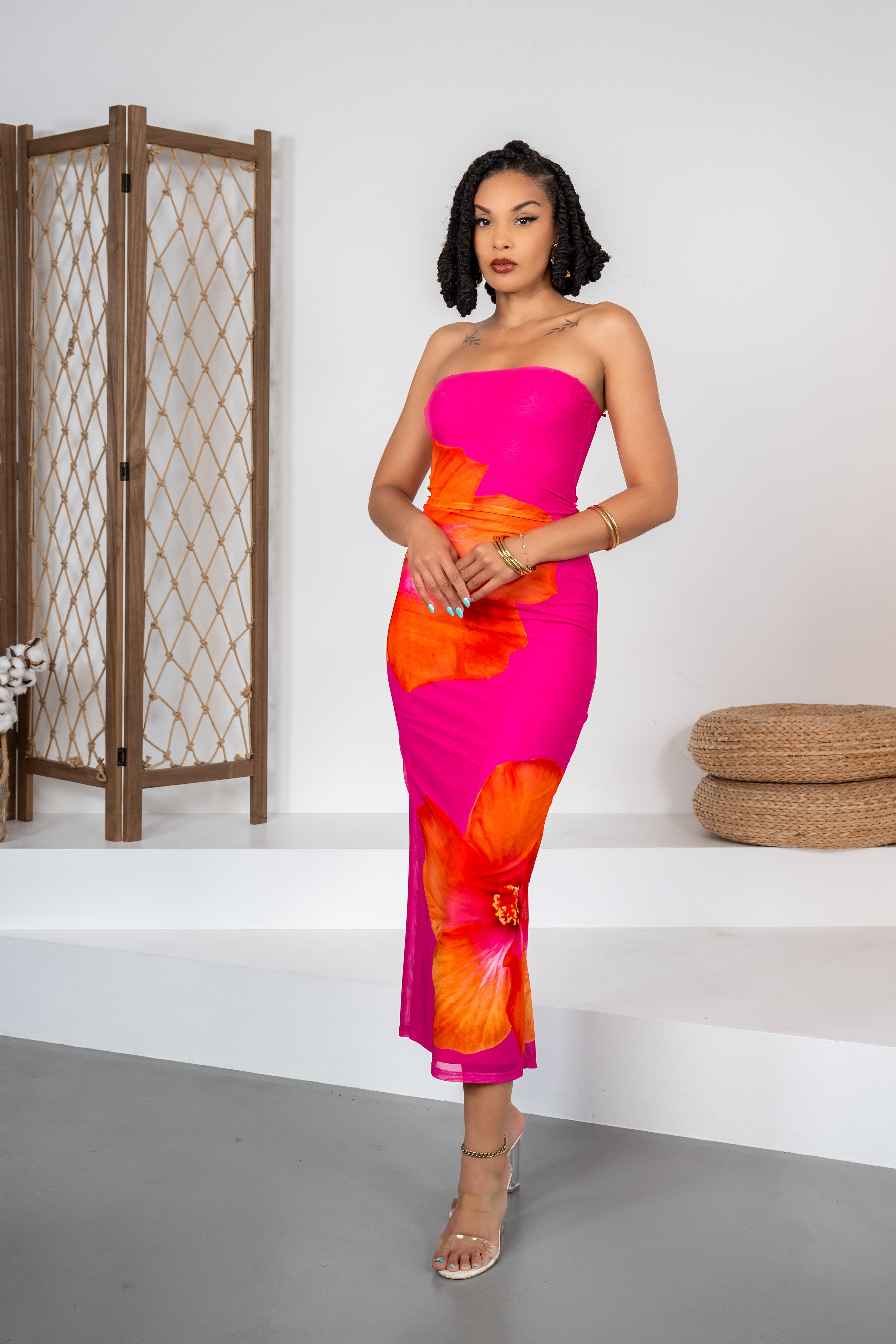 Pink Riviera - Robe bustier fleurie fuchsia & orange