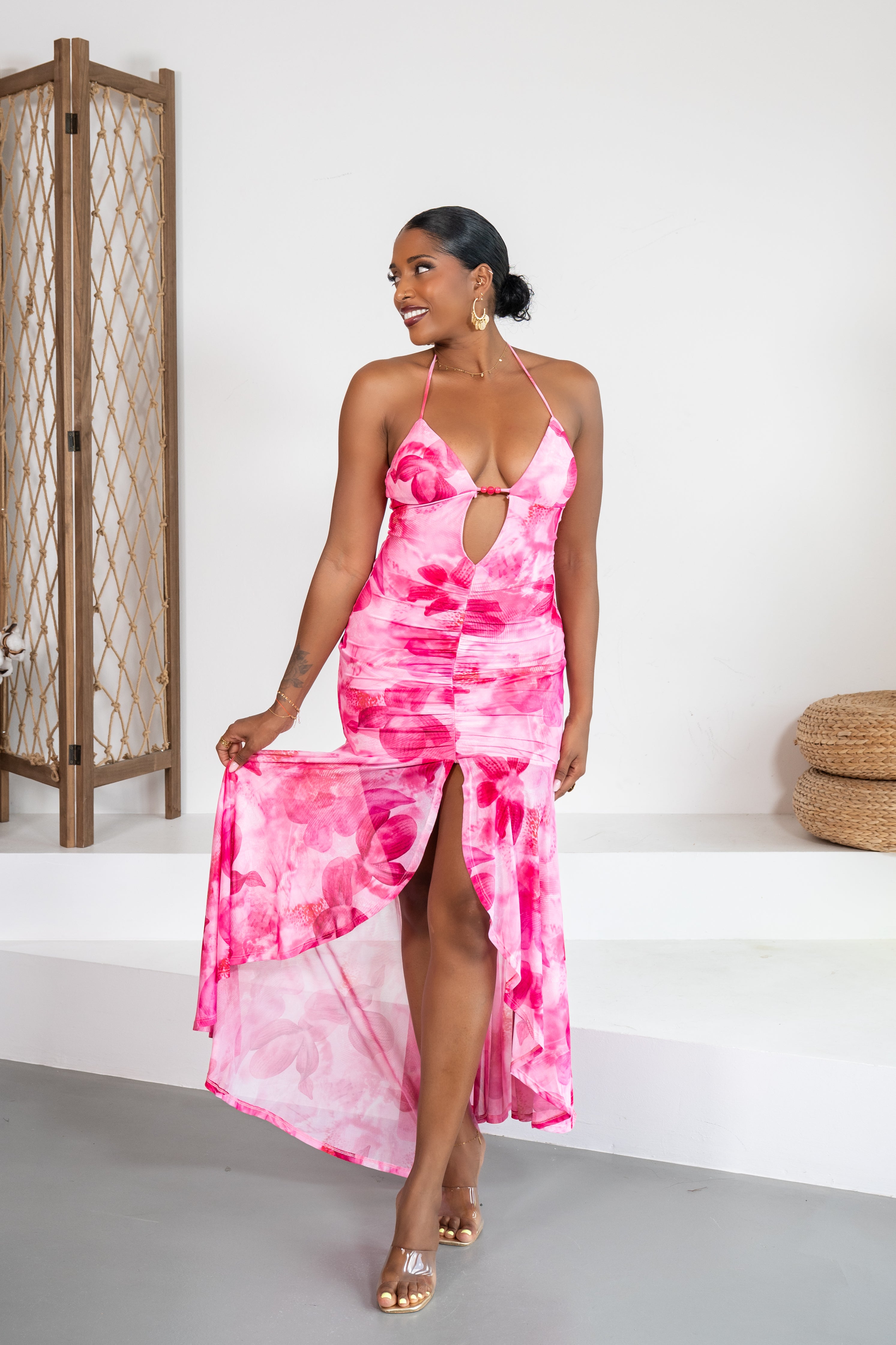 Peonía - Robe longue fleurie rose