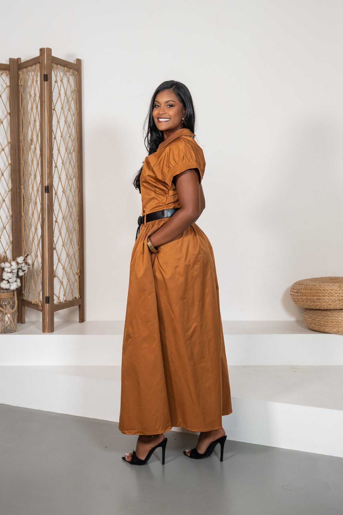 Siena - Robe longue portefeuille caramel