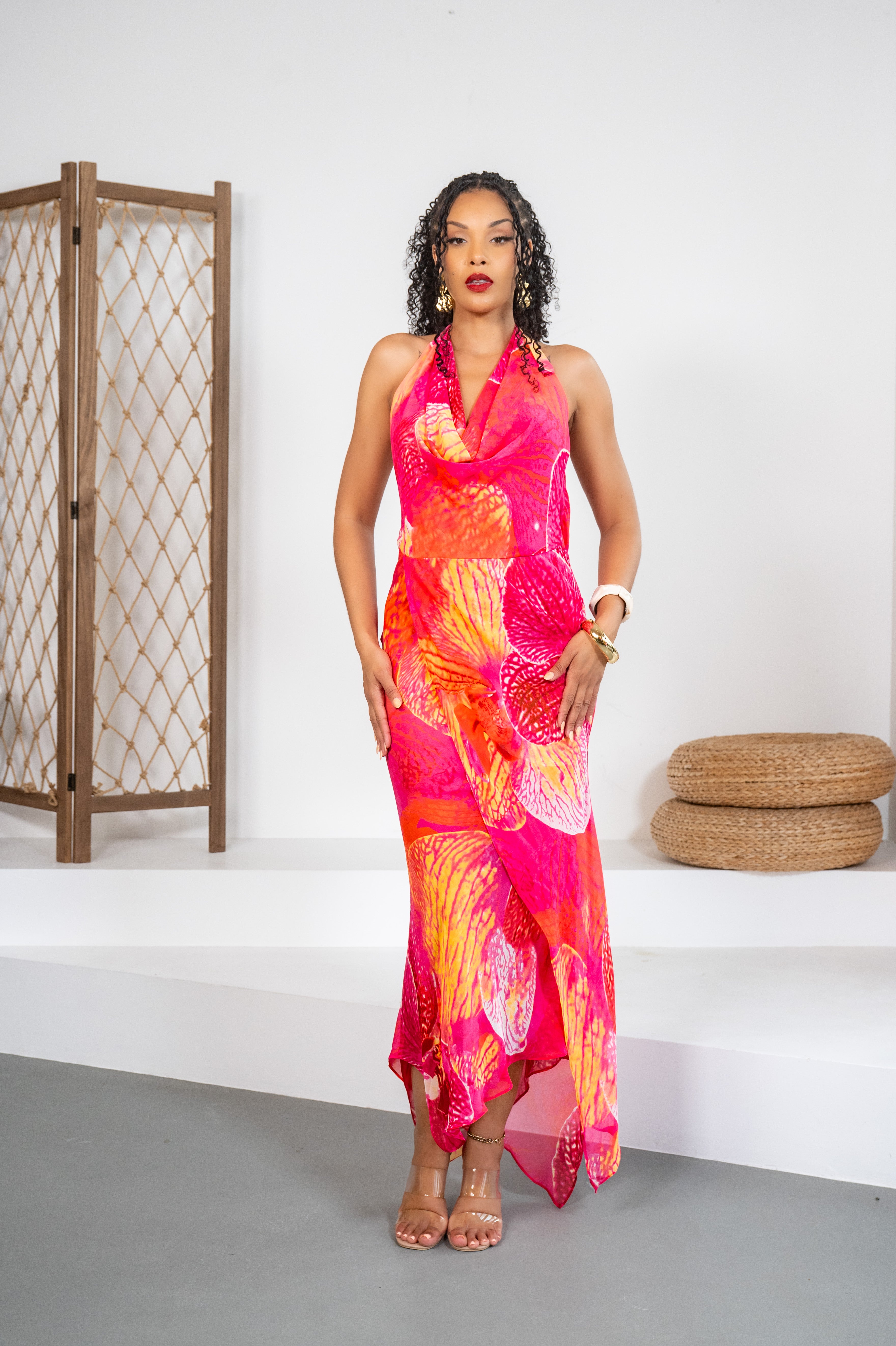 Sunset Orchid - Robe longue fuchsia à col bénitier plongeant