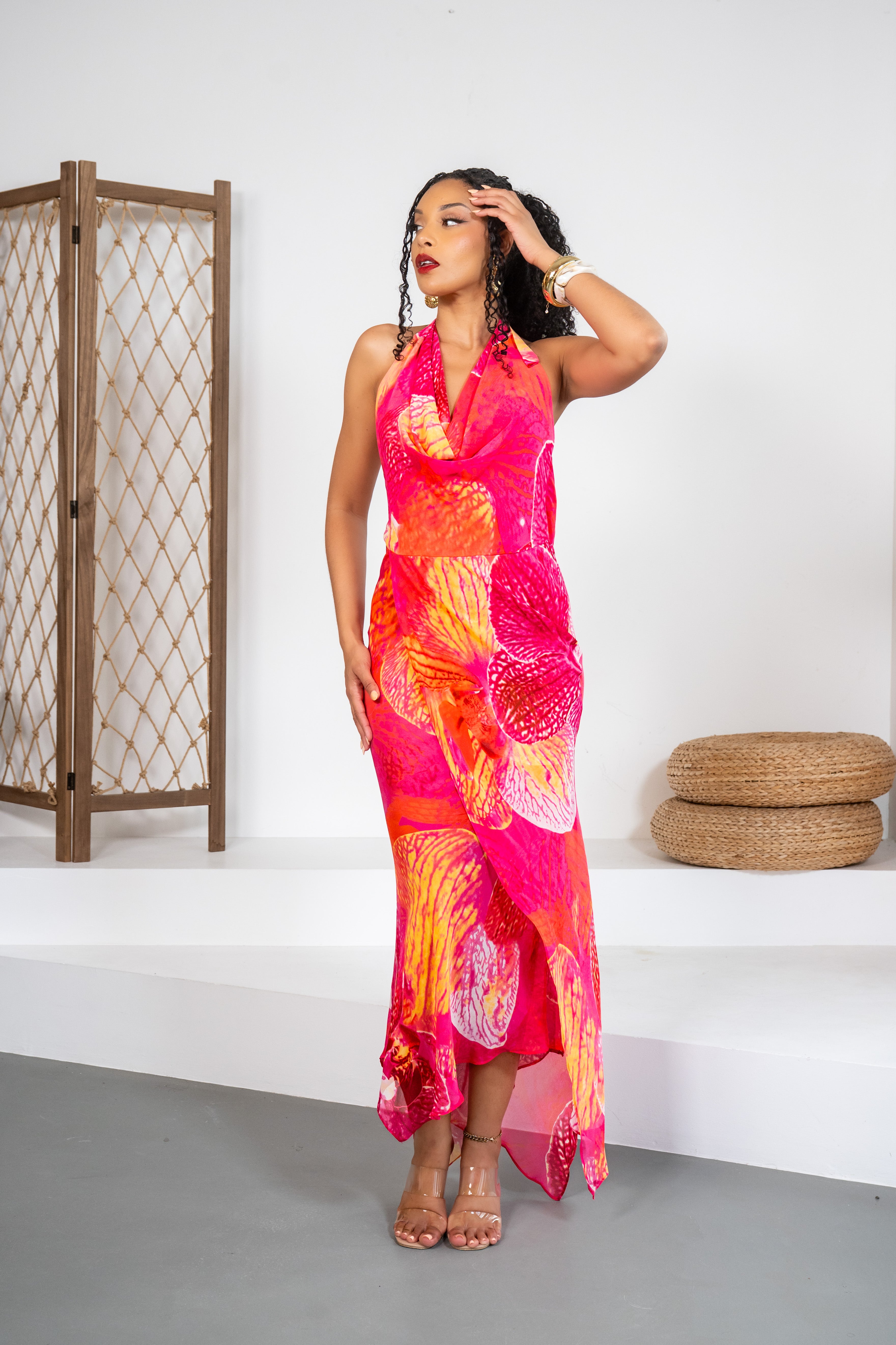 Sunset Orchid - Robe longue fuchsia à col bénitier plongeant
