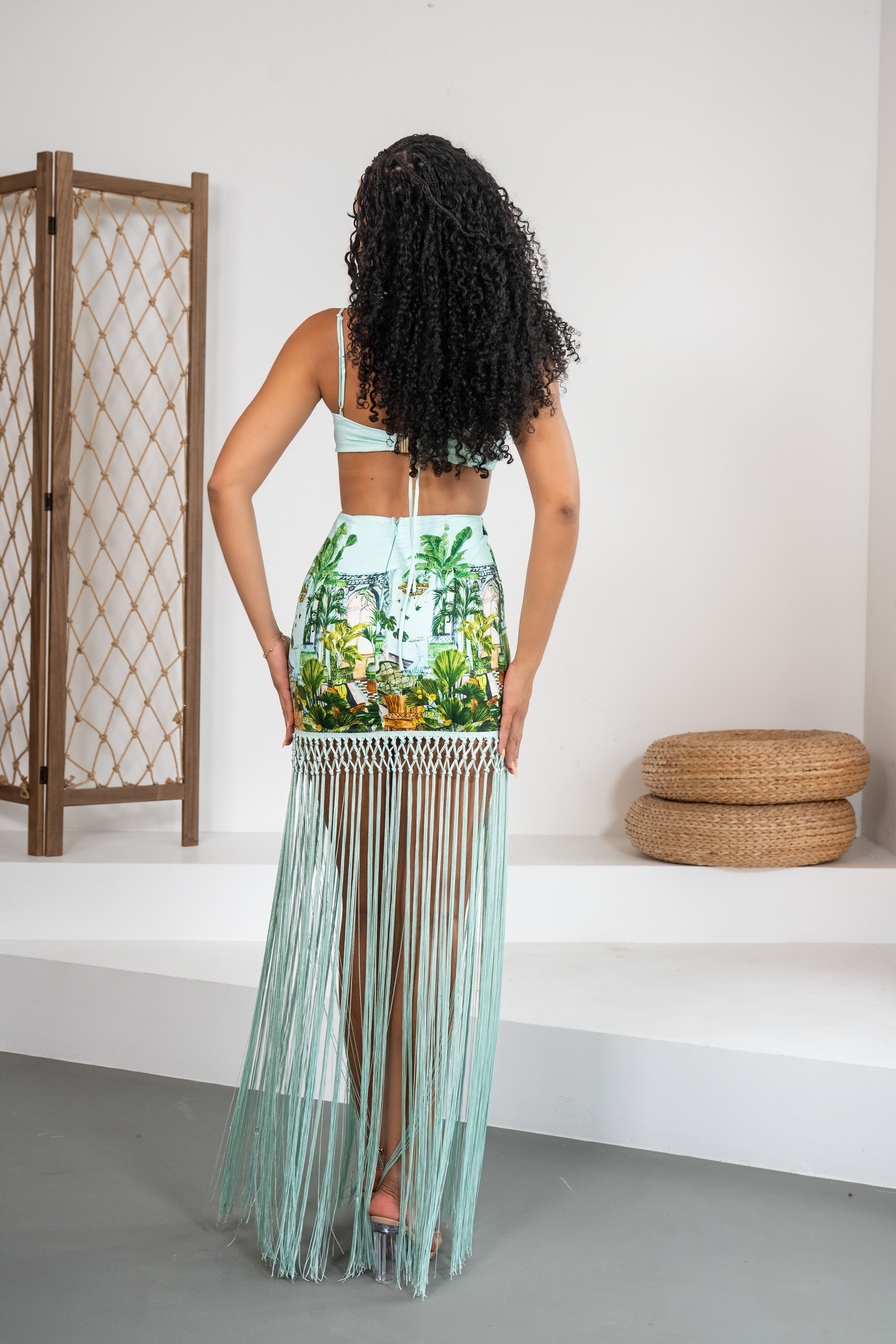 Crystal Oasis - Robe longue à franges ornée de perles en bois