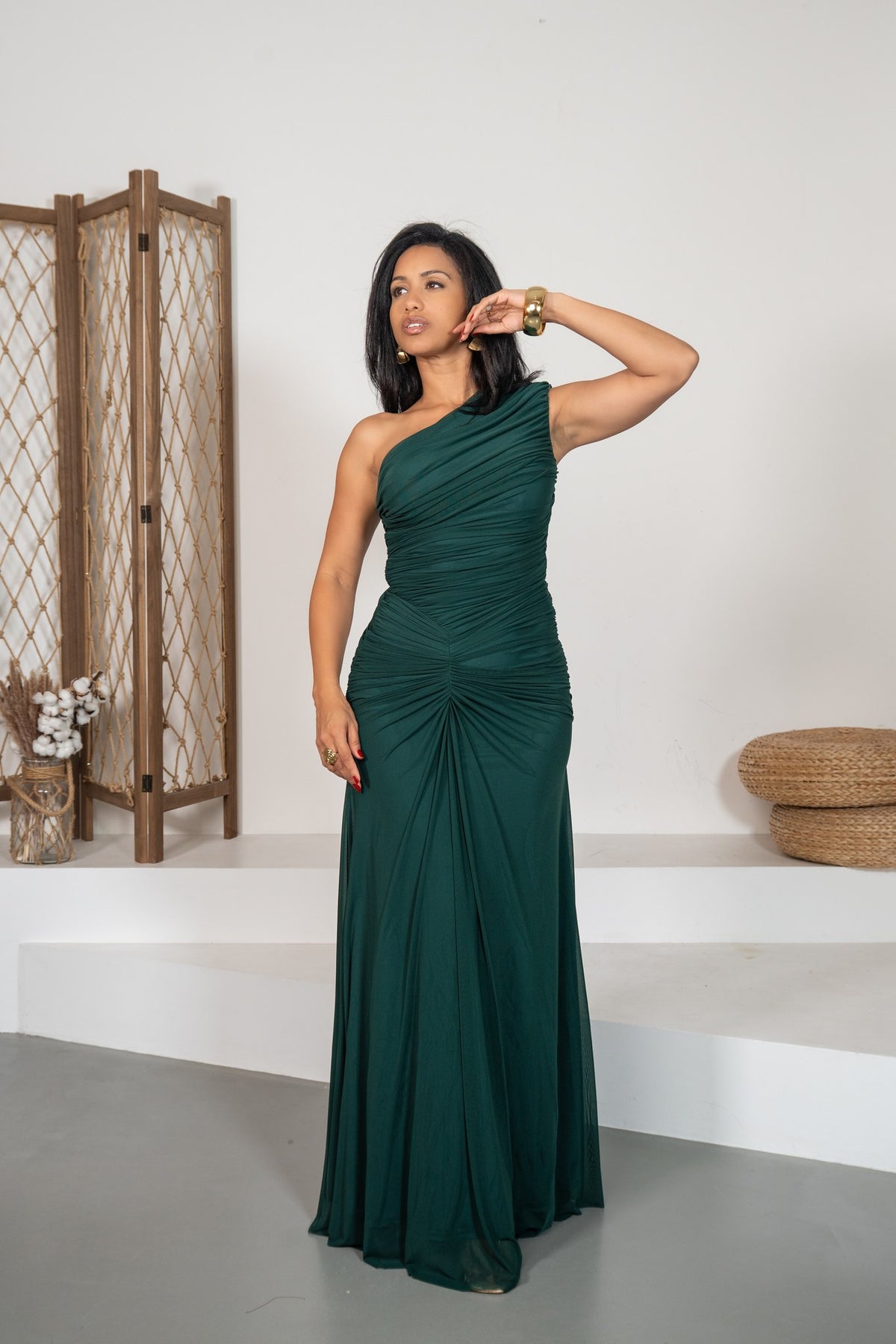 Nova - Robe longue froncée vert foncé