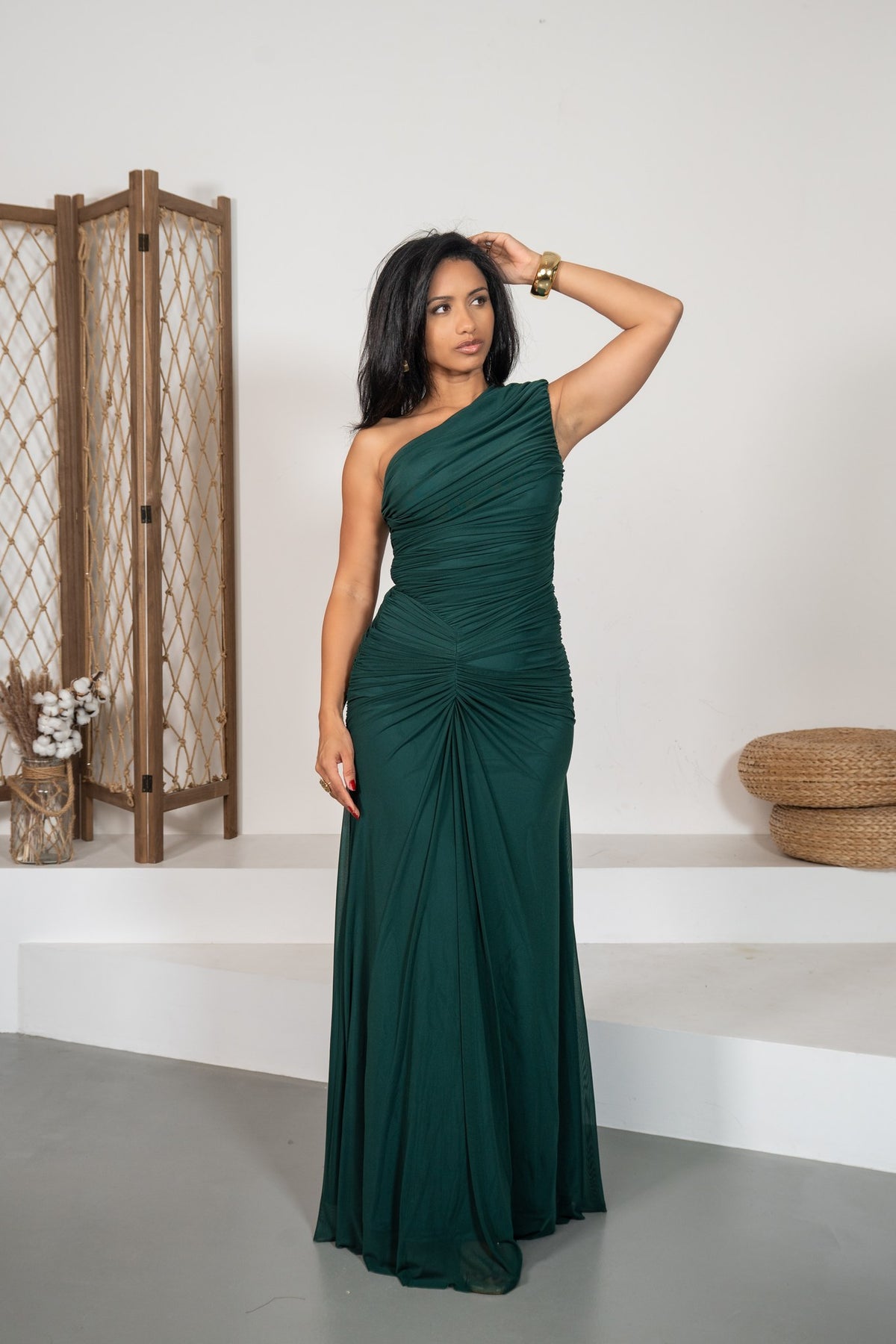Nova - Robe longue froncée vert foncé