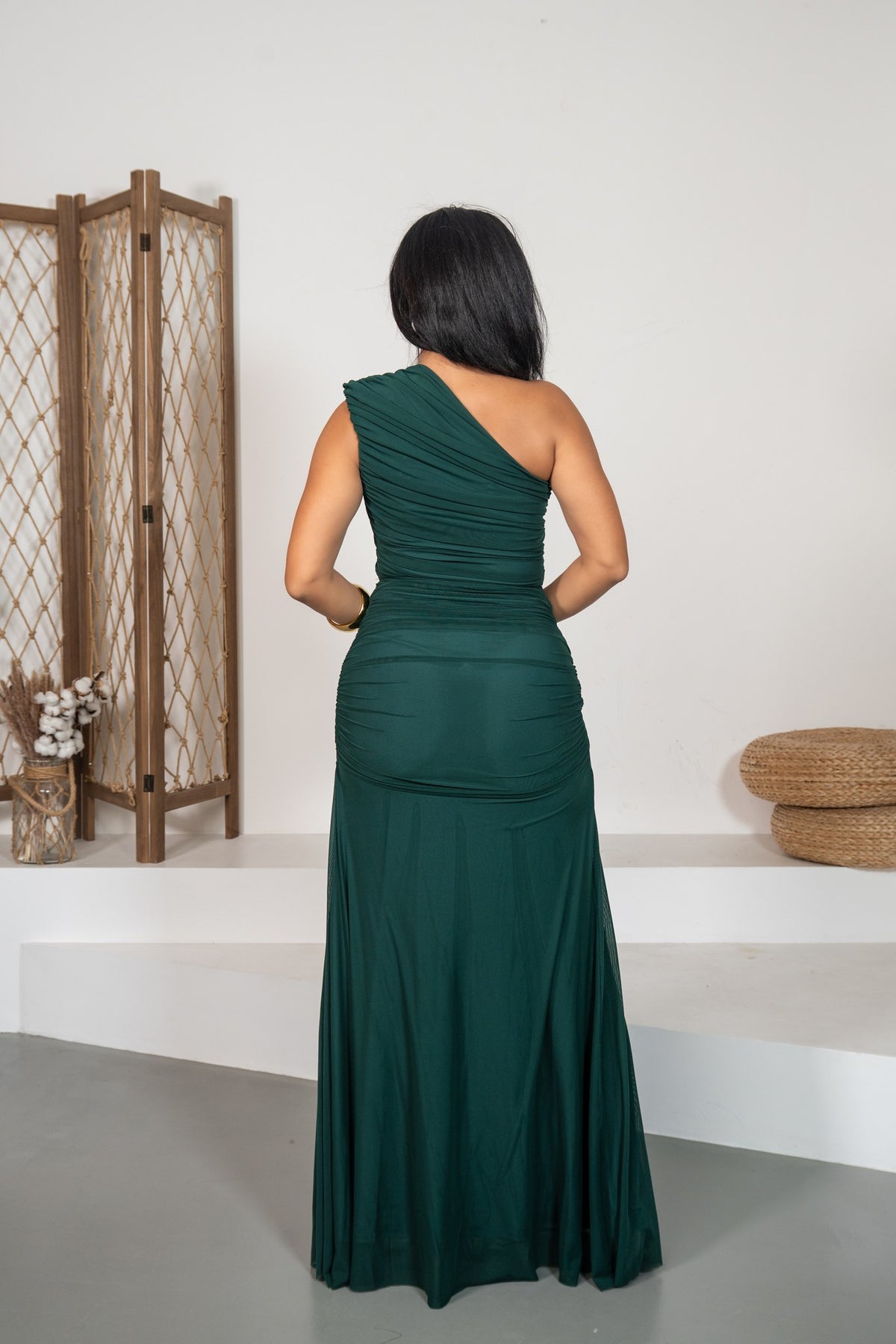 Nova - Robe longue froncée vert foncé
