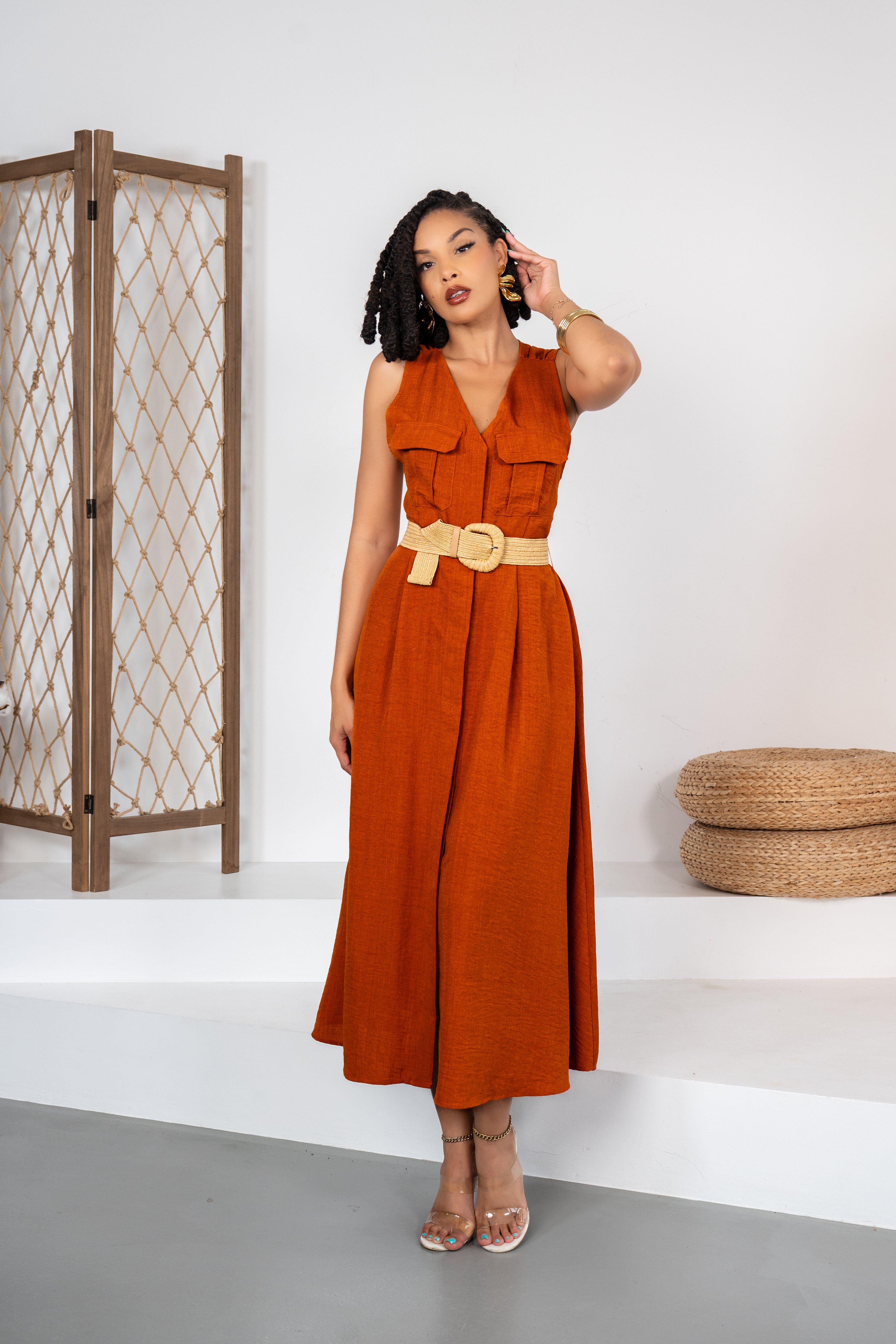 Golden Society - Robe terracotta style lin + ceinture offerte
