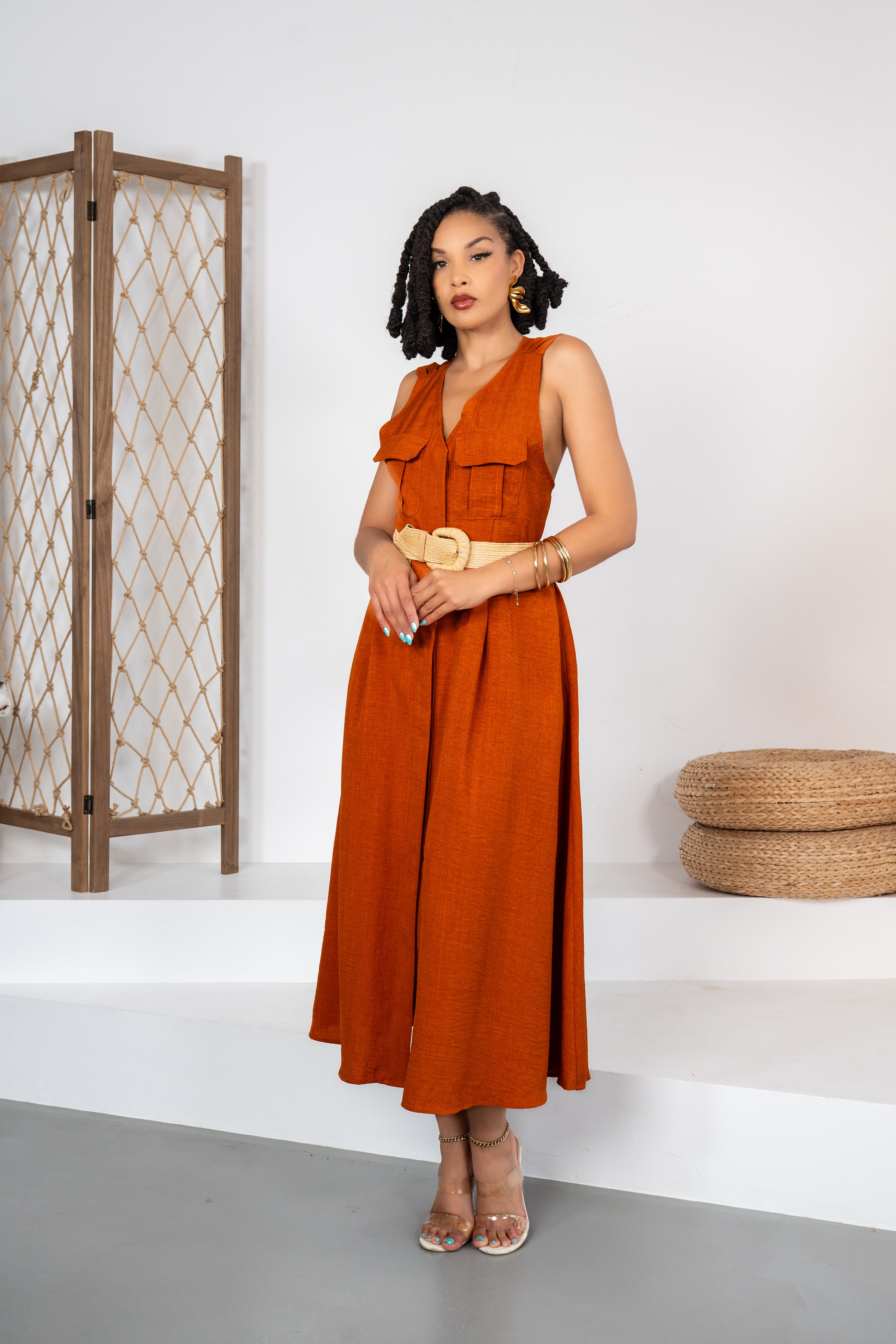 Golden Society - Robe terracotta style lin + ceinture offerte