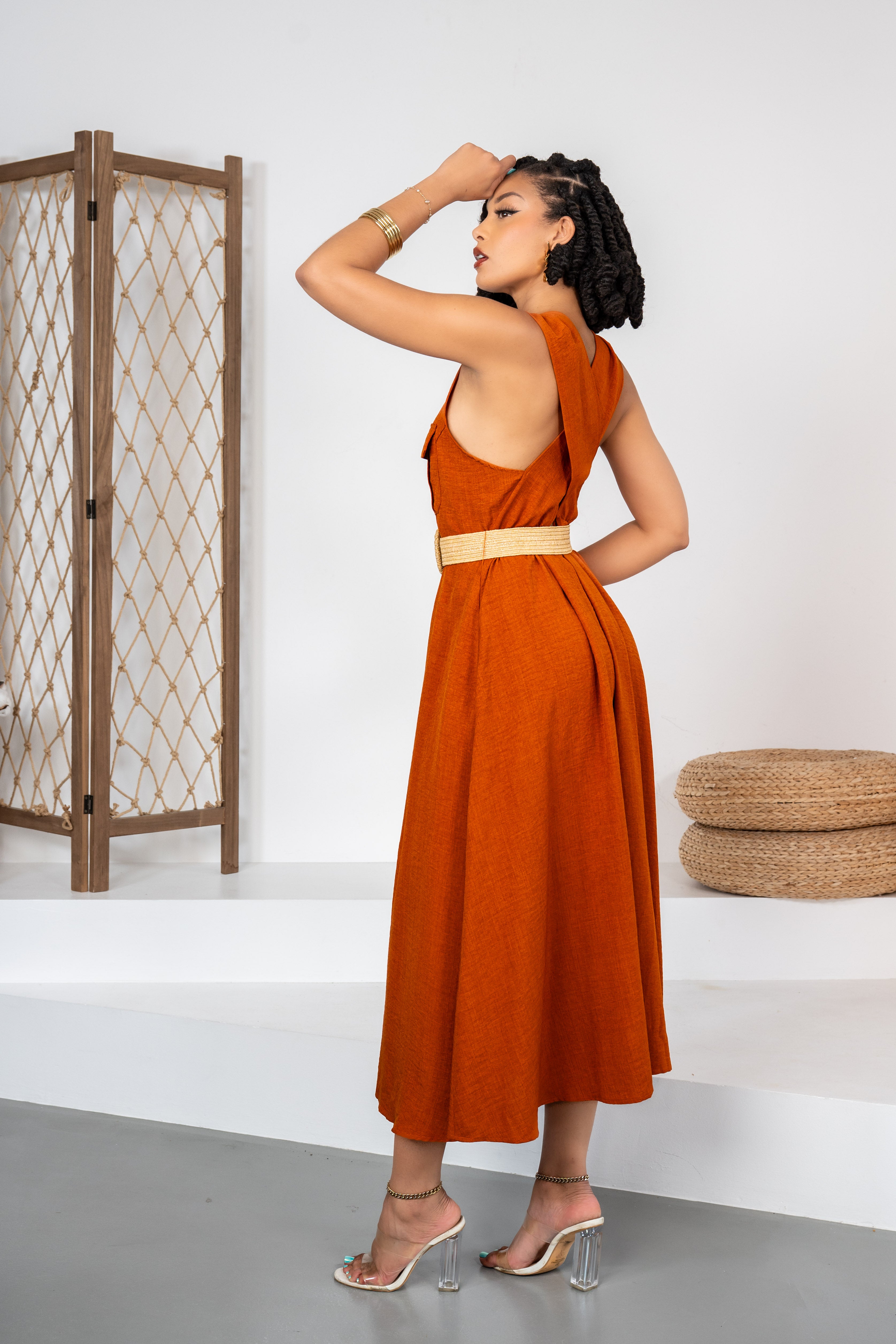 Golden Society - Robe terracotta style lin + ceinture offerte