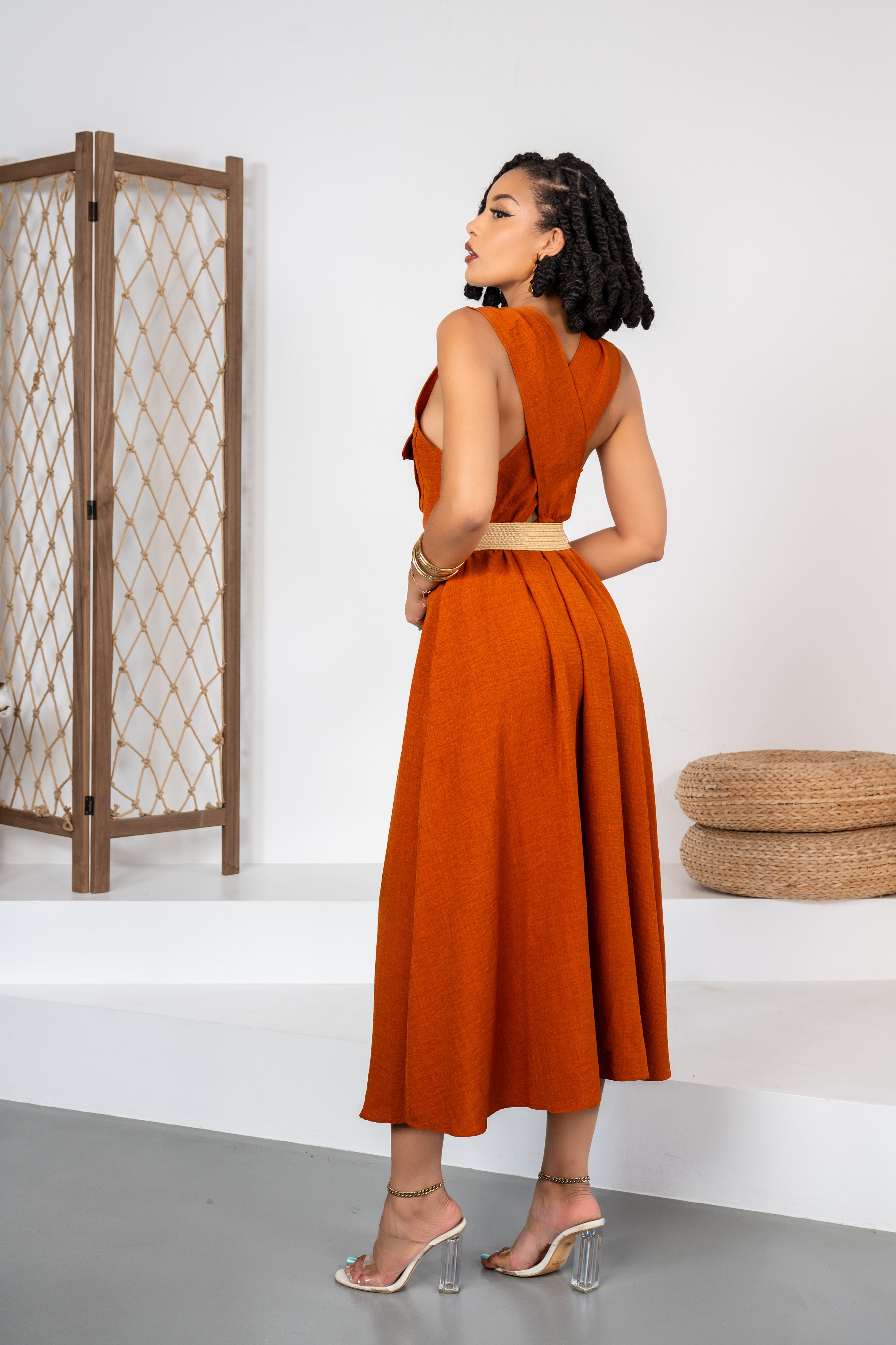 Golden Society - Robe terracotta style lin + ceinture offerte