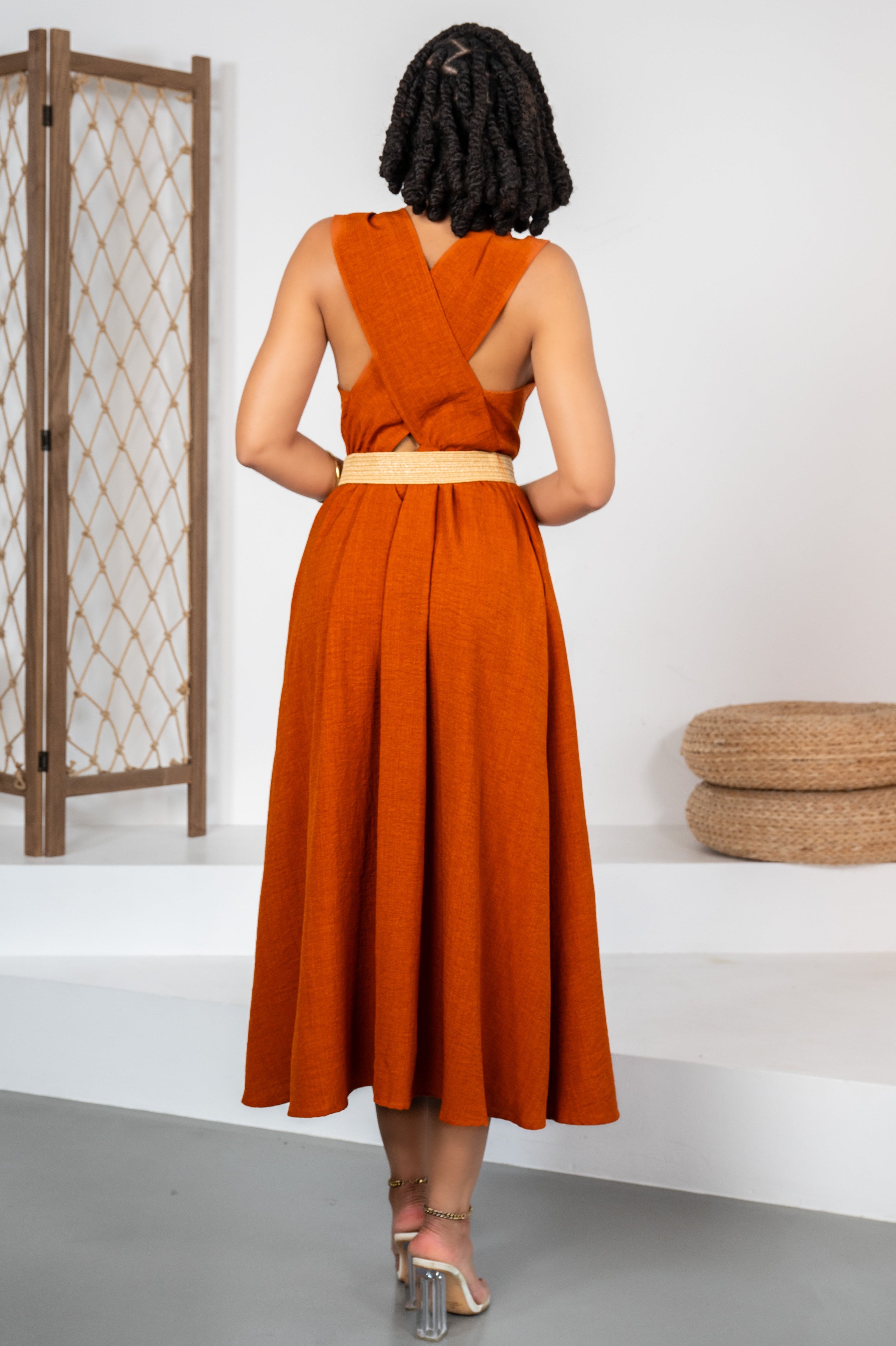 Golden Society - Robe terracotta style lin + ceinture offerte
