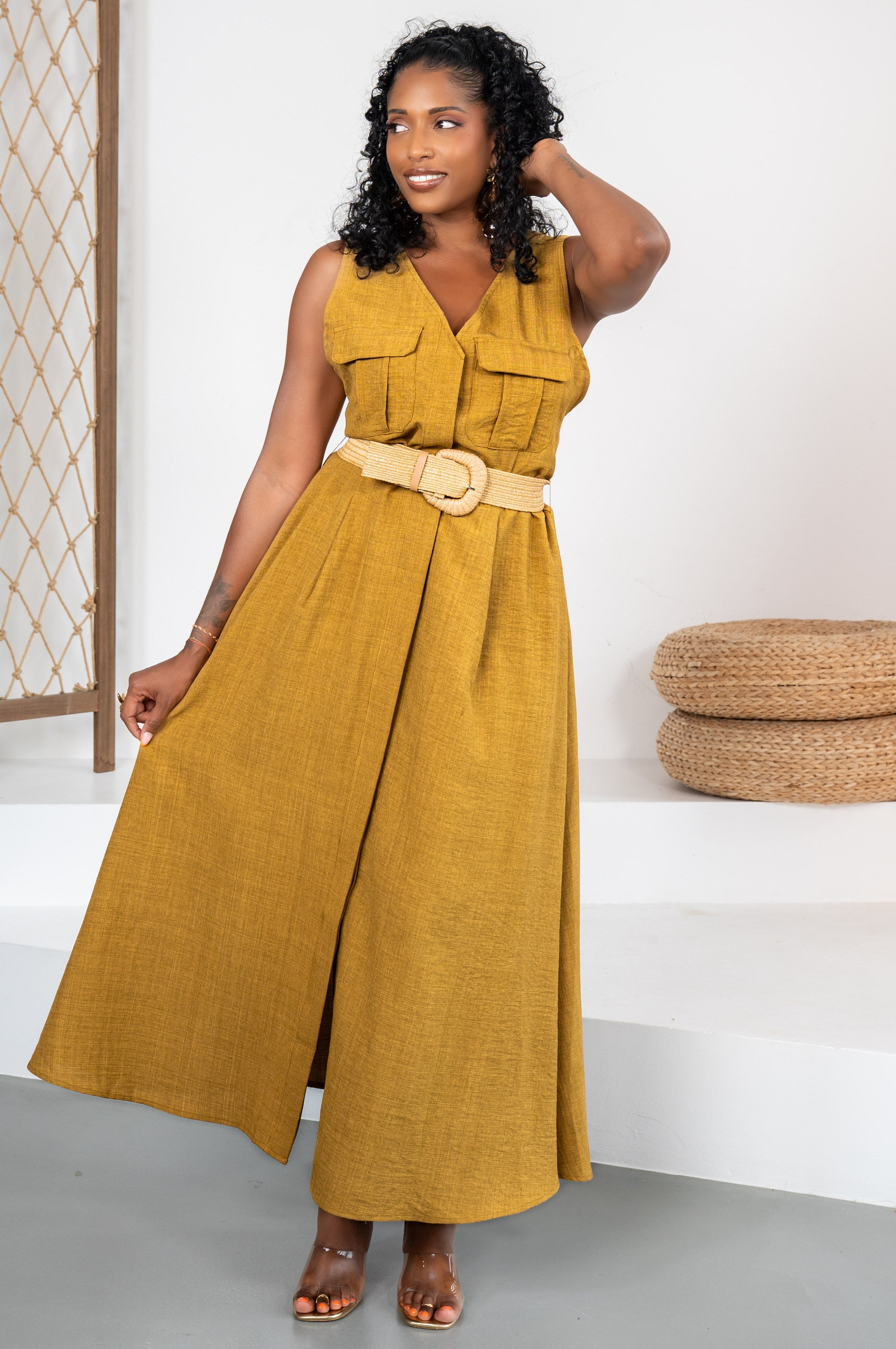 Golden Society - Robe moutarde style lin + ceinture offerte