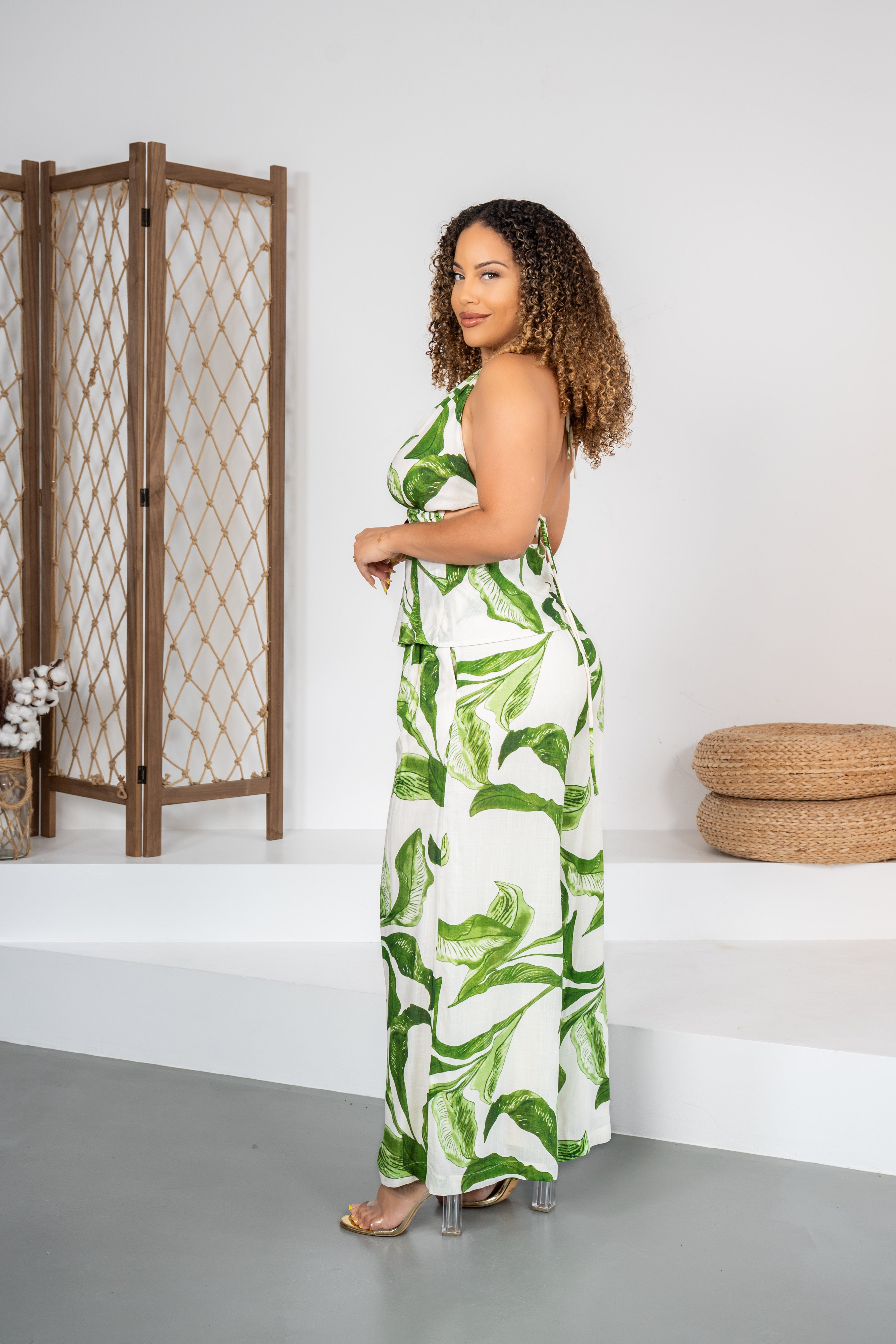 Palms heiress -Ensemble pantalon fluide blanc à motifs